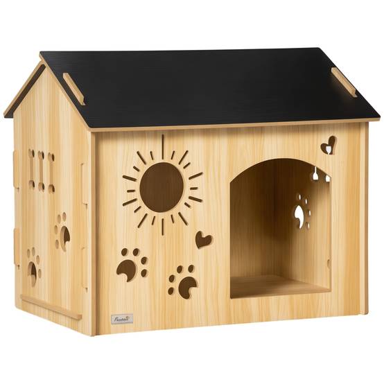 Niche intérieure pour chien structure bois, ouvertures pattes/cœur/os, chêne - Image 1