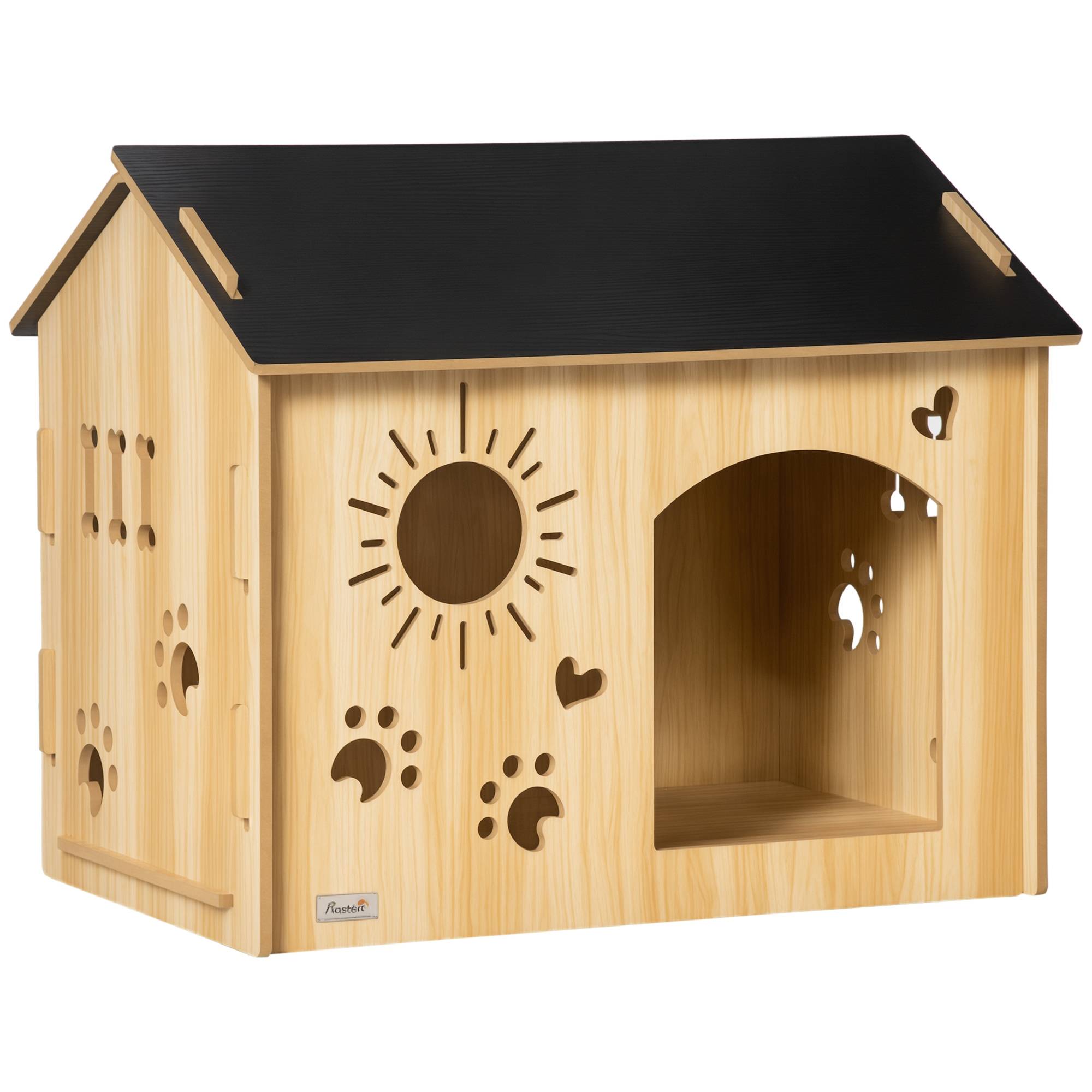 Niche intérieure pour chien structure bois, ouvertures pattes/cœur/os, chêne - Image 1