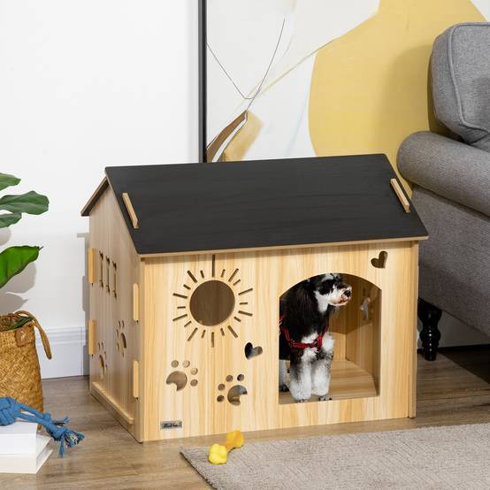 Niche intérieure pour chien structure bois, ouvertures pattes/cœur/os, chêne - Image 4