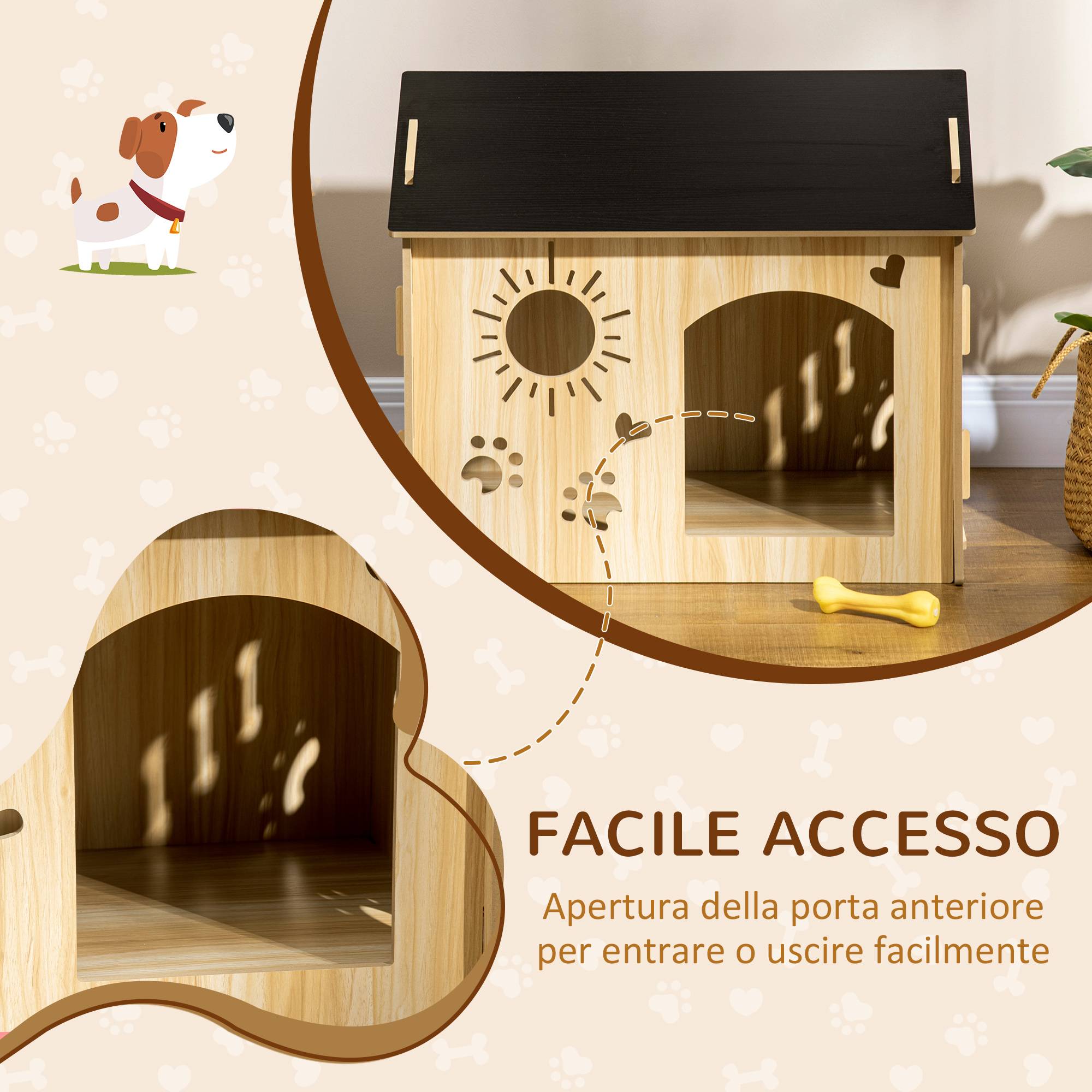 Niche intérieure pour chien structure bois, ouvertures pattes/cœur/os, chêne - Image 7