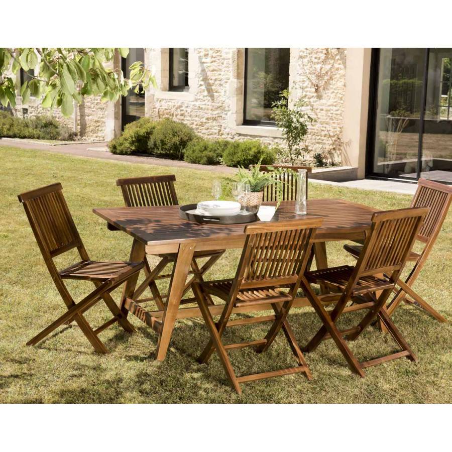 Macabane - HANNA - Salon de jardin en bois teck huilé 8/10 personnes - 1 table rectangulaire scandi extensible 180/240*100 cm et 6 chaises - Imagen 2