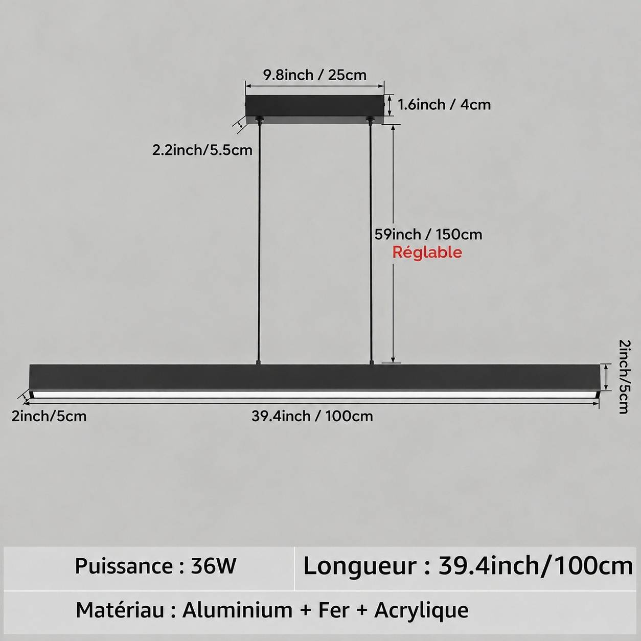 Suspension LED Dimmable Noire 100cm 36W Hauteur Reglable - Image 5