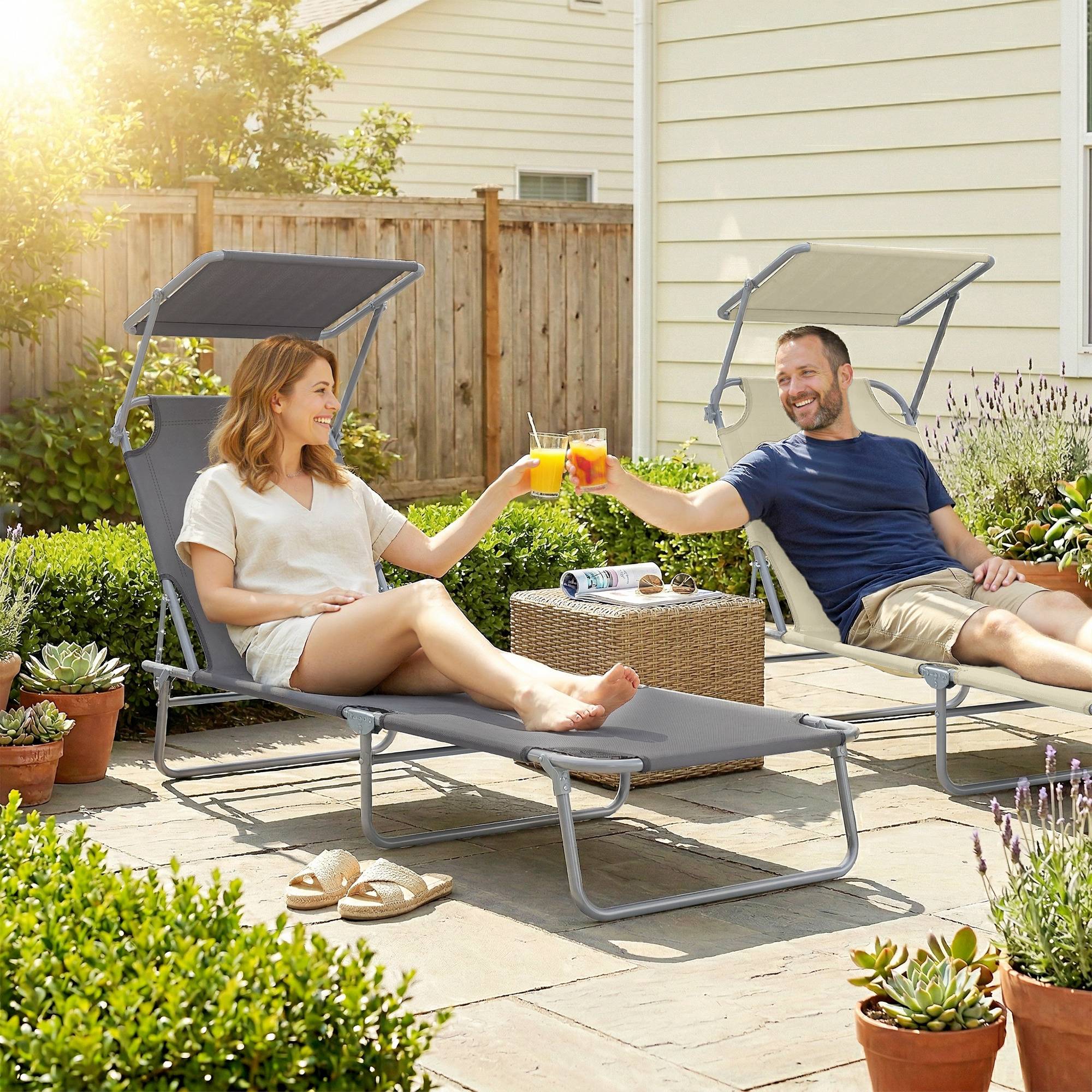 Sans Marque - Transat pliant chaise longue grand confort, dossier multipositions et pare‑soleil réglable, dimensions 187 x 58 x 36 cm, couleur gris - Image 3