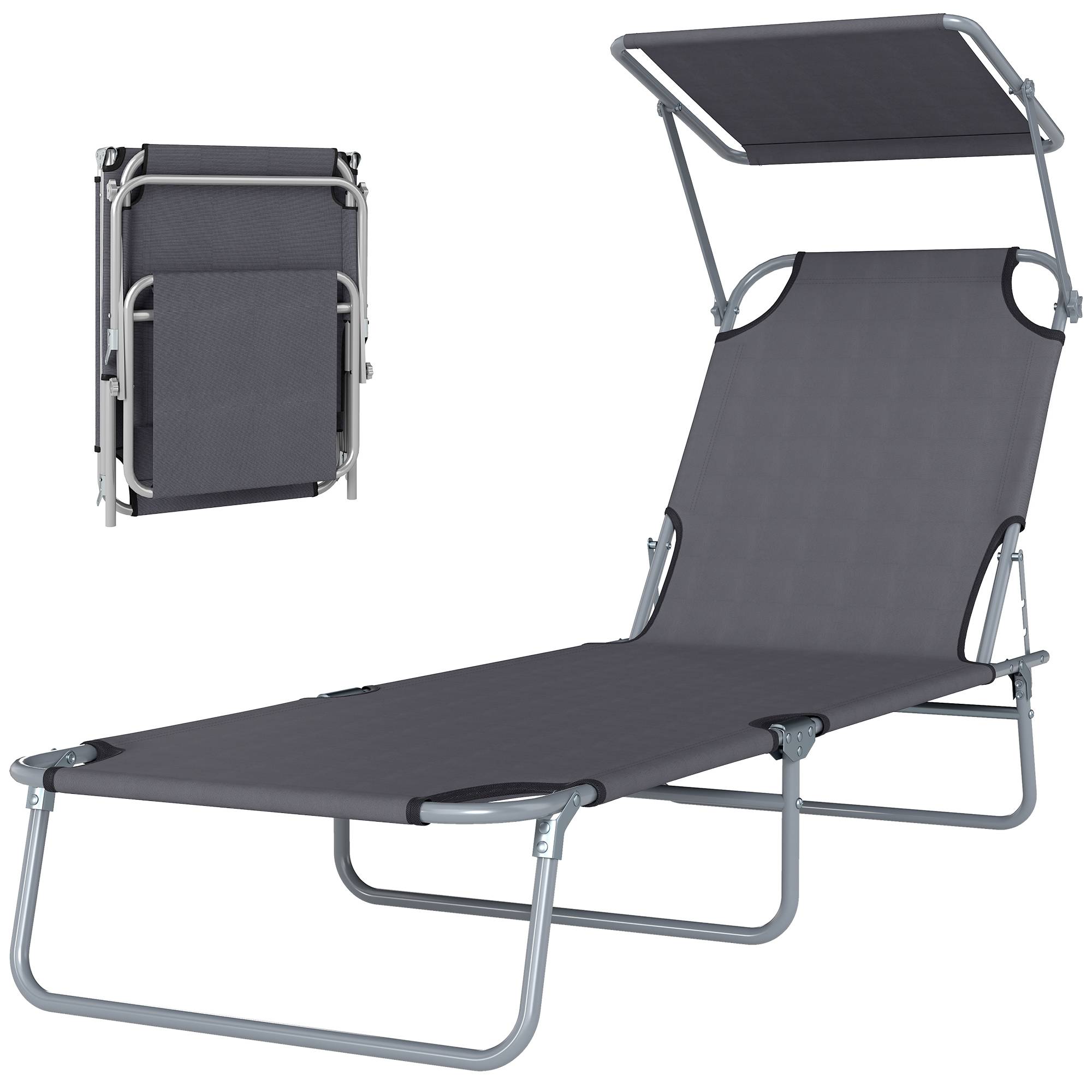 Sans Marque - Transat pliant chaise longue grand confort, dossier multipositions et pare‑soleil réglable, dimensions 187 x 58 x 36 cm, couleur gris - Image 1