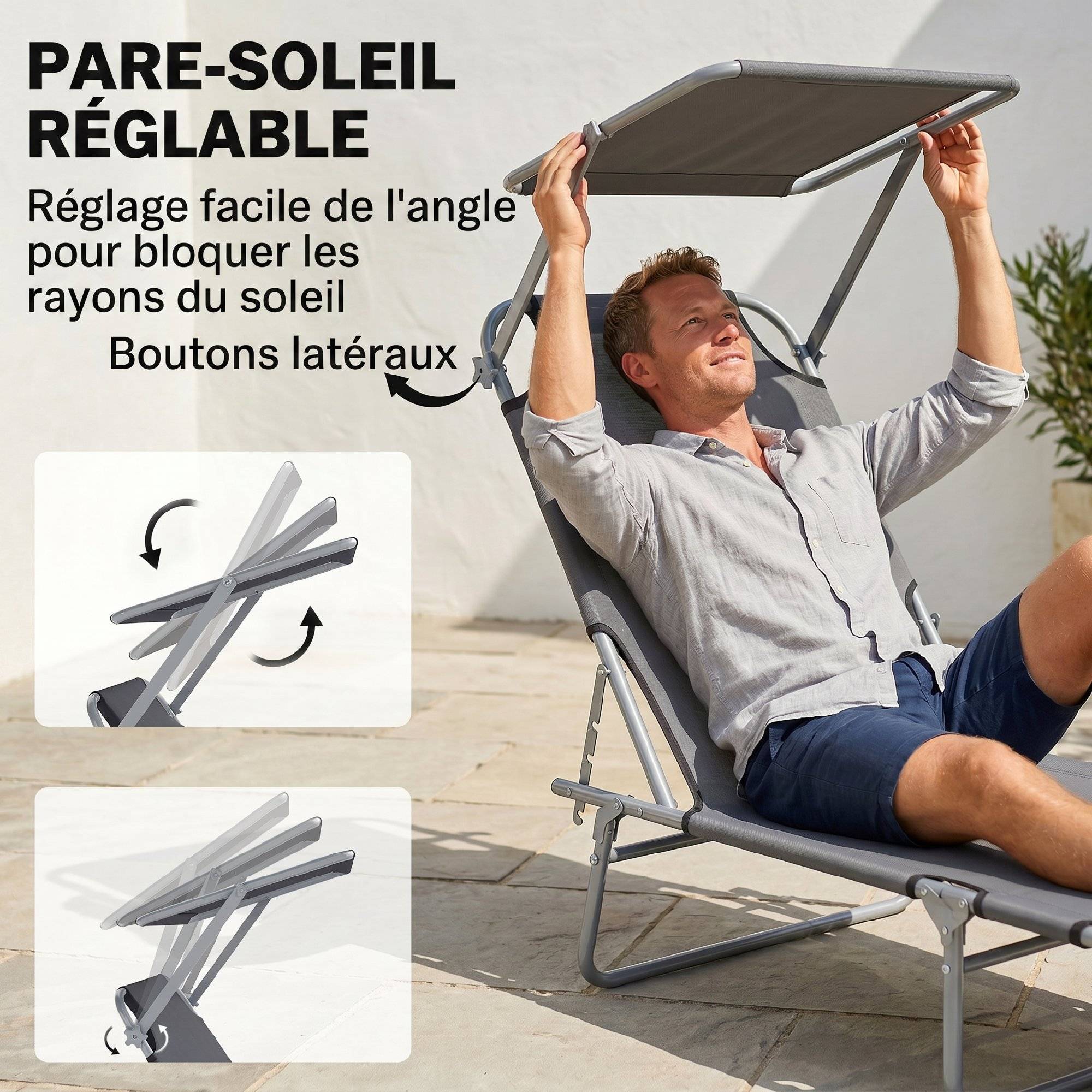 Sans Marque - Transat pliant chaise longue grand confort, dossier multipositions et pare‑soleil réglable, dimensions 187 x 58 x 36 cm, couleur gris - Image 5