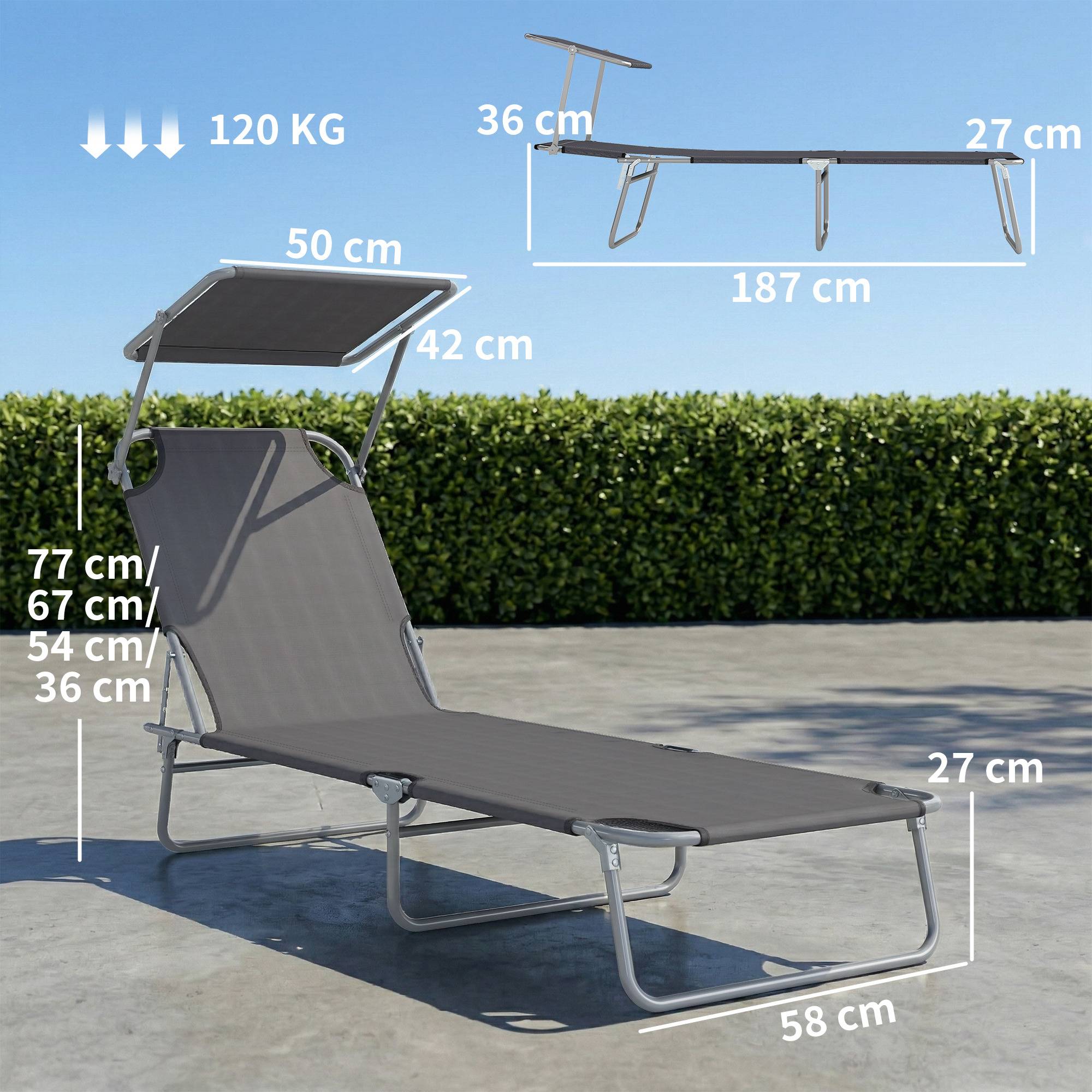 Sans Marque - Transat pliant chaise longue grand confort, dossier multipositions et pare‑soleil réglable, dimensions 187 x 58 x 36 cm, couleur gris - Image 4
