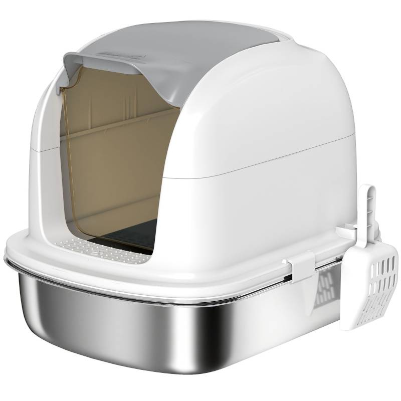 Litière pour chat en inox avec couvercle, 52.4 x 41.3 x 42 cm, blanc - PANGIVO - Image 1
