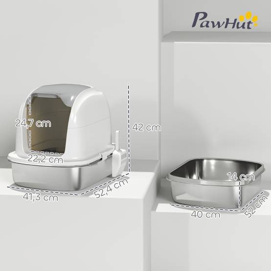 Litière pour chat en inox avec couvercle, 52.4 x 41.3 x 42 cm, blanc - PANGIVO - Image 3