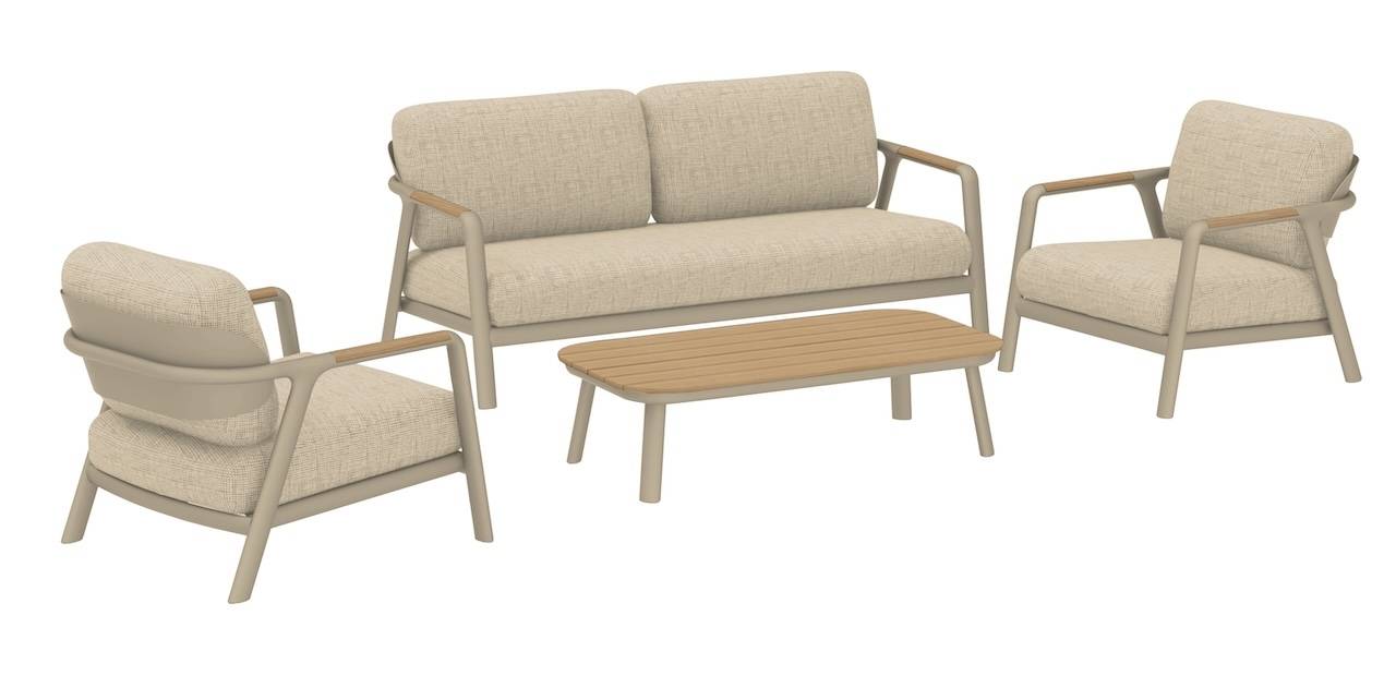 Proloisirs - Salon bas 4 pièces en aluminium avec coussins – PERLE – Coloris crème et chêne
