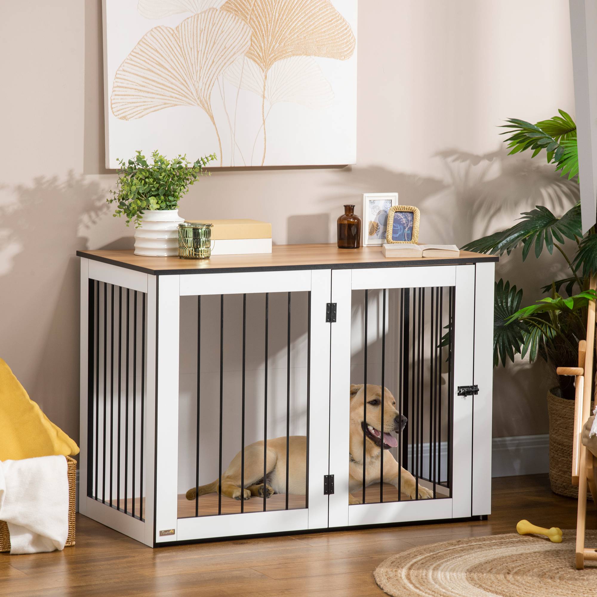 Cage pour chien en bois et métal noyer foncé et blanc 106 x 60 x 76 cm - PANGIVO - Image 2