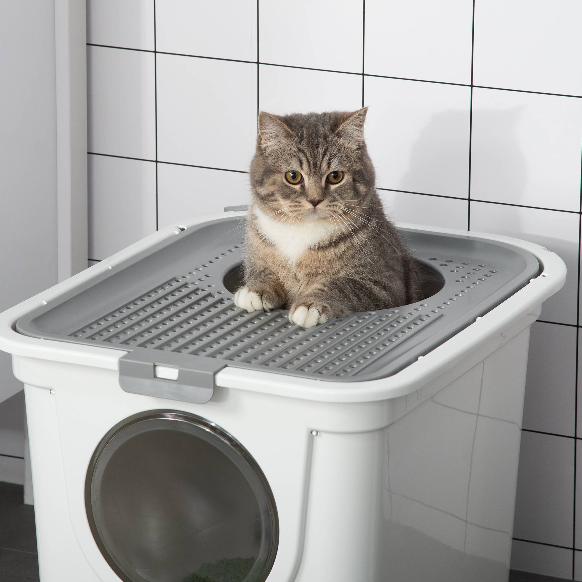 Litière chat couverte pelle bac 2 portes principale et supérieure 44x55x39 cm blanc gris - Image 10