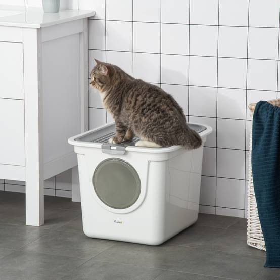 Litière chat couverte pelle bac 2 portes principale et supérieure 44x55x39 cm blanc gris - Image 3