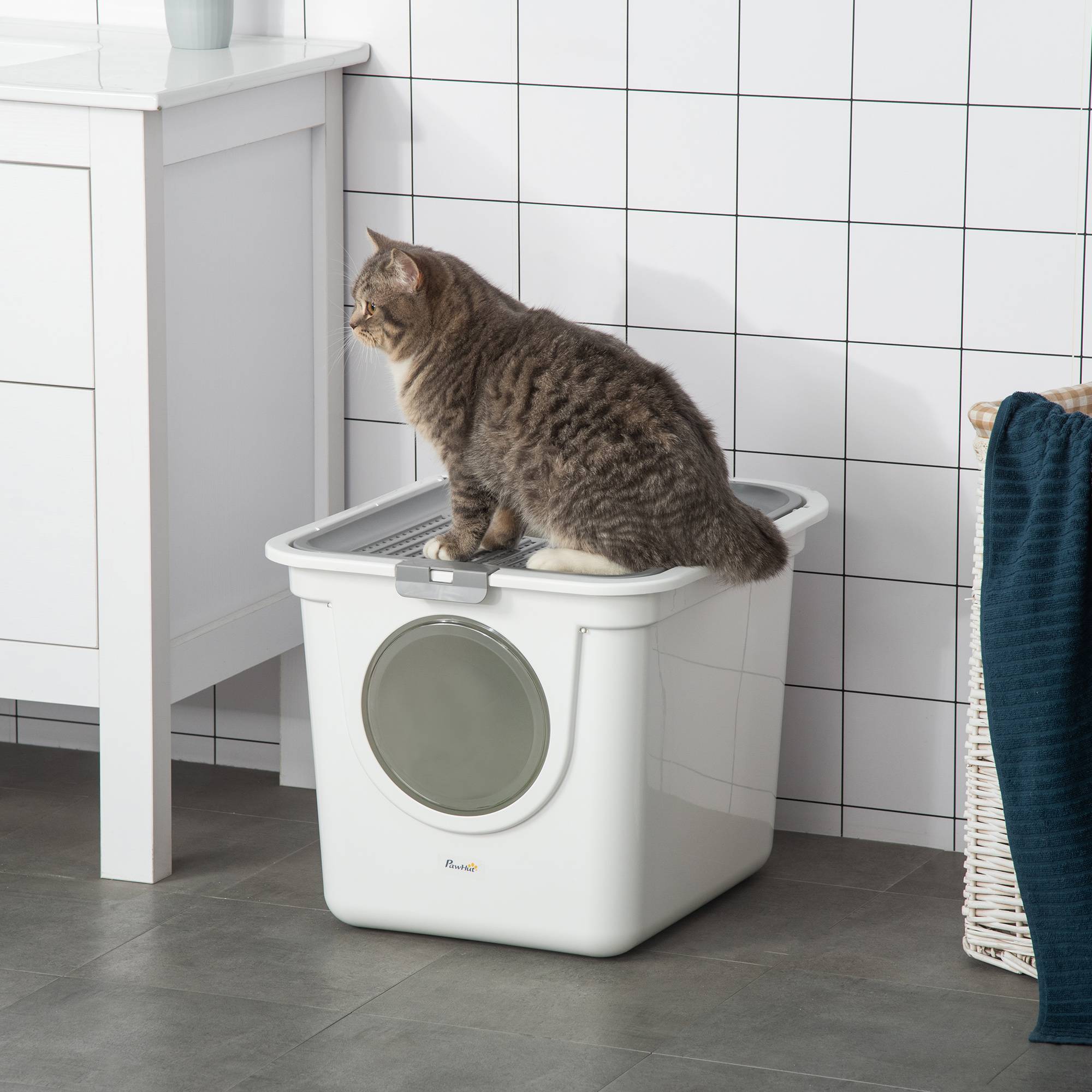 Litière chat couverte pelle bac 2 portes principale et supérieure 44x55x39 cm blanc gris - Image 3