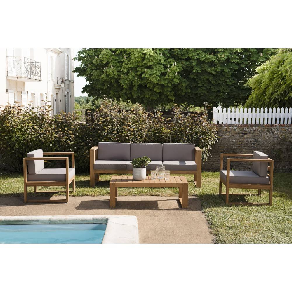 Macabane - KIM - Salon de jardin bois teck avec canapé 3p. 2 fauteuils et 1 table basse - Imagen 2