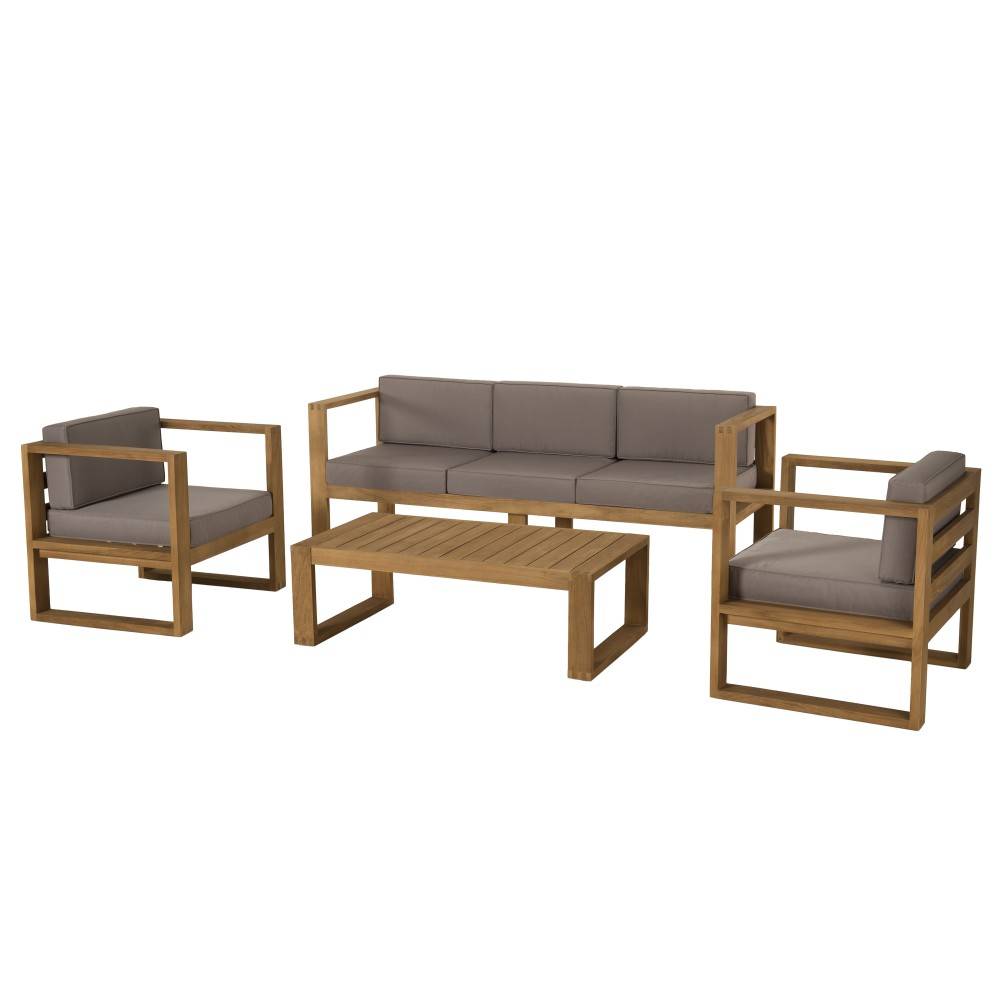 Macabane - KIM - Salon de jardin bois teck avec canapé 3p. 2 fauteuils et 1 table basse - Imagen 1
