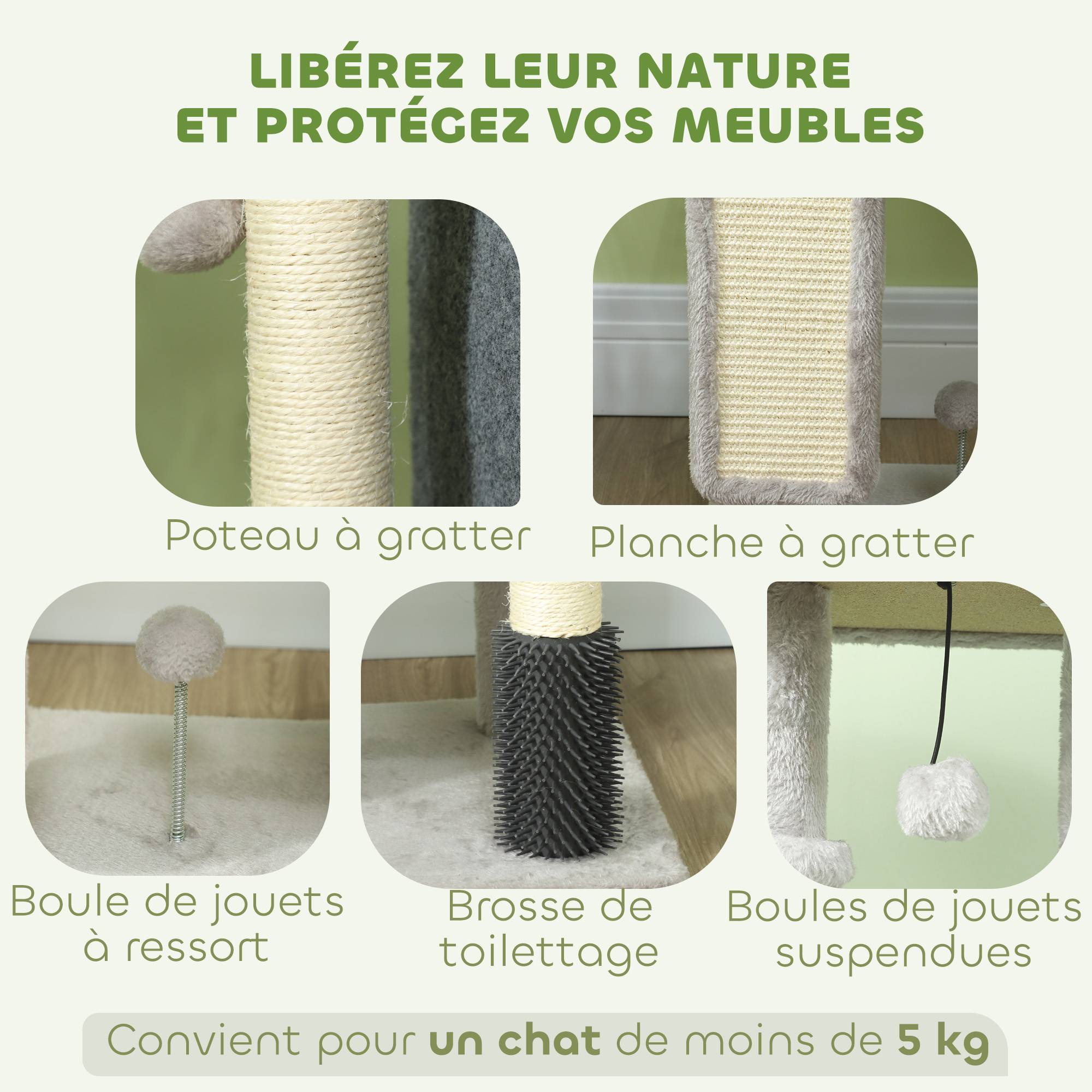 Arbre à chat sisal et peluches gris clair 44 x 34 x 104 cm - PANGIVO - Image 7