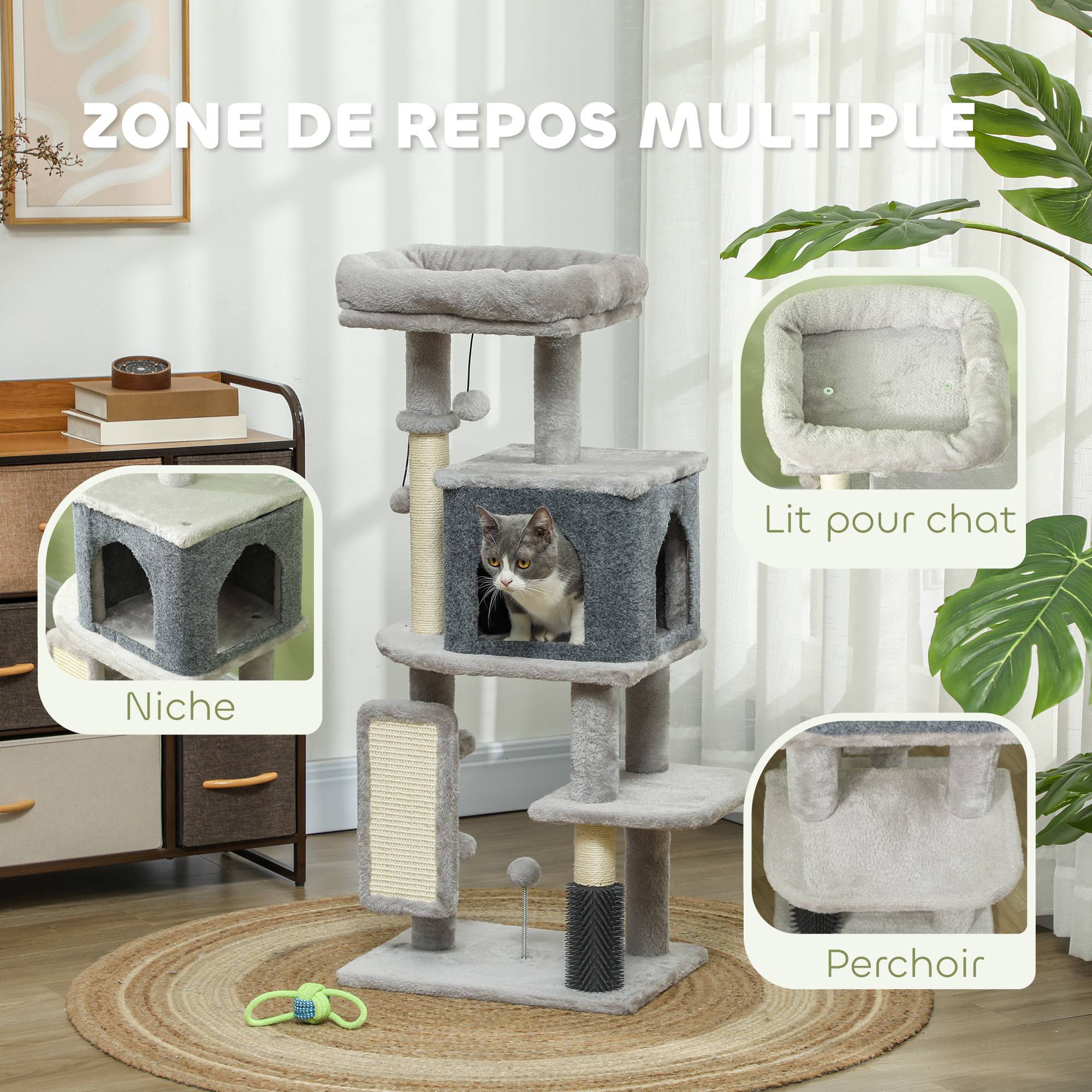 Arbre à chat sisal et peluches gris clair 44 x 34 x 104 cm - PANGIVO - Image 6