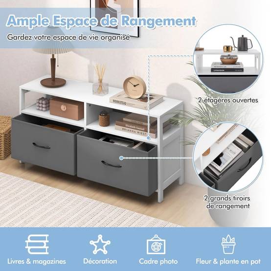 KOMHTOM Meuble TV Blanc/Noir 200cm Avec 2 Portes 2 Tiroirs Et Étagères Ouvertes - Rangement Salon Jusqu'à 90" TV
