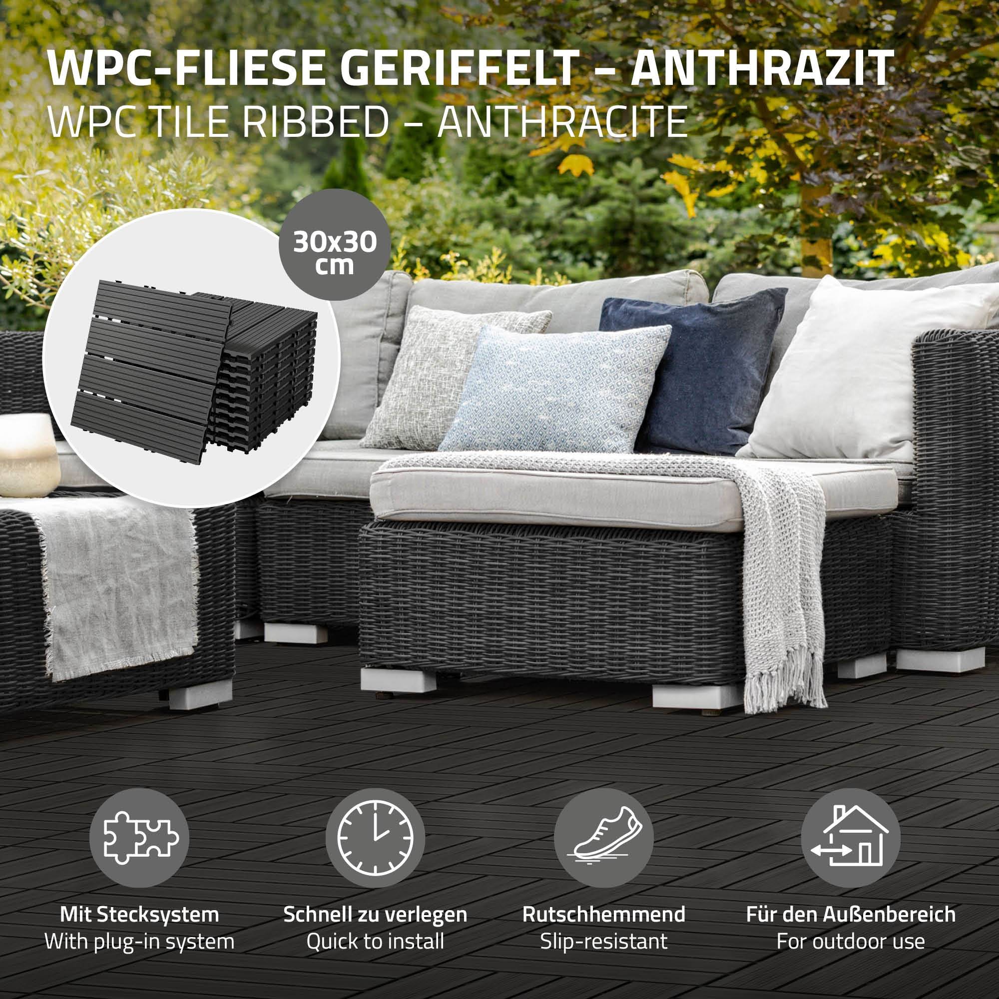 Ecd-Germany - 33x Carreaux de terrasse WPC 30x30cm 3m² revêtement de sol anthracite - Imagen 2
