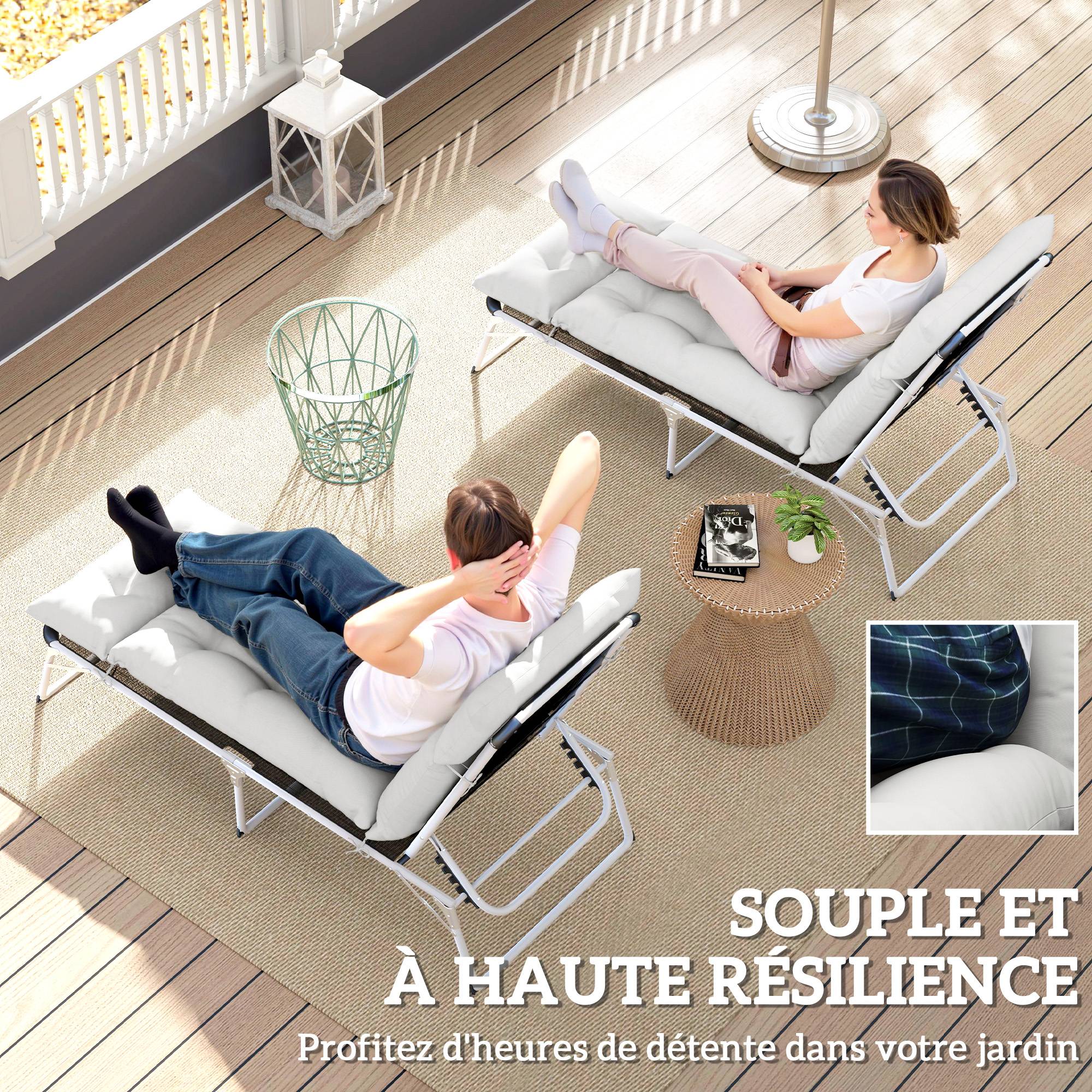 Lot de 2 coussins de chaise longue coussin bain de soleil épais, confortable - 6 attaches, 190 x 56 x 10 cm, gris clair - Image 7