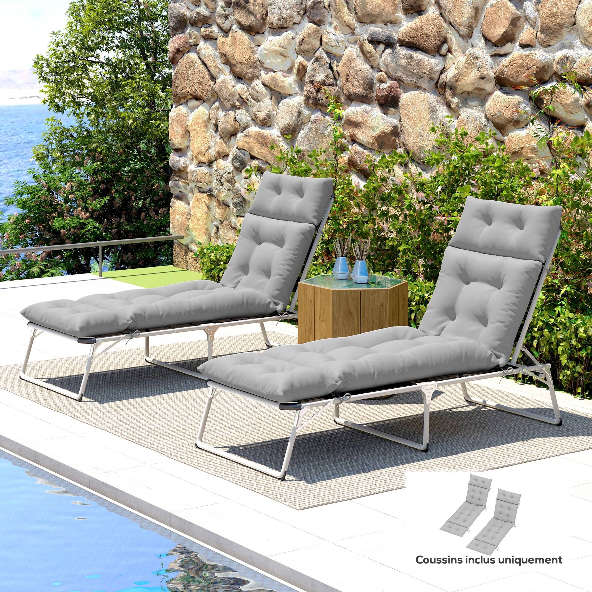 Lot de 2 coussins de chaise longue coussin bain de soleil épais, confortable - 6 attaches, 190 x 56 x 10 cm, gris clair - Image 3