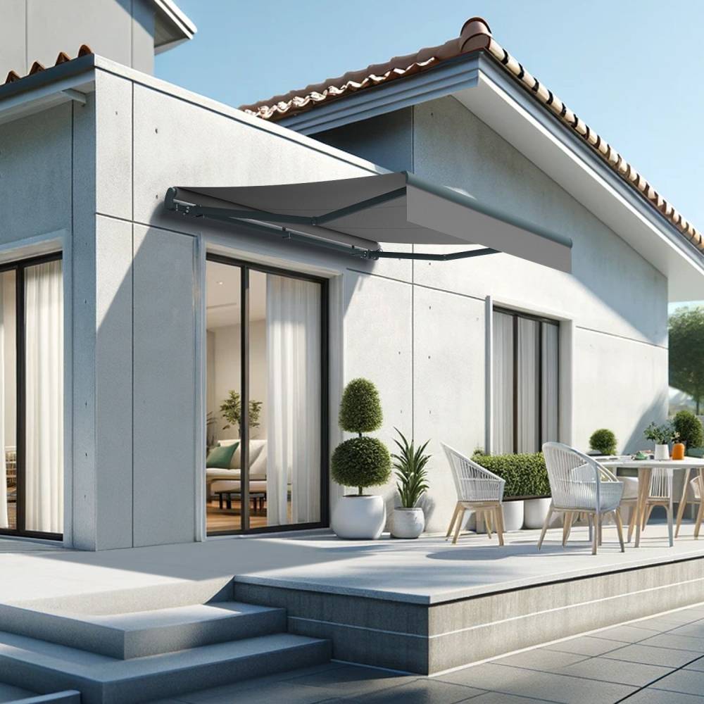 Store banne monobloc ESPAI 3,00x2,00m (Motorisé à interrupteur + manœuvre de secours - Gris Graphite - Gris anthracite) - Alia Productions - Imagen 1