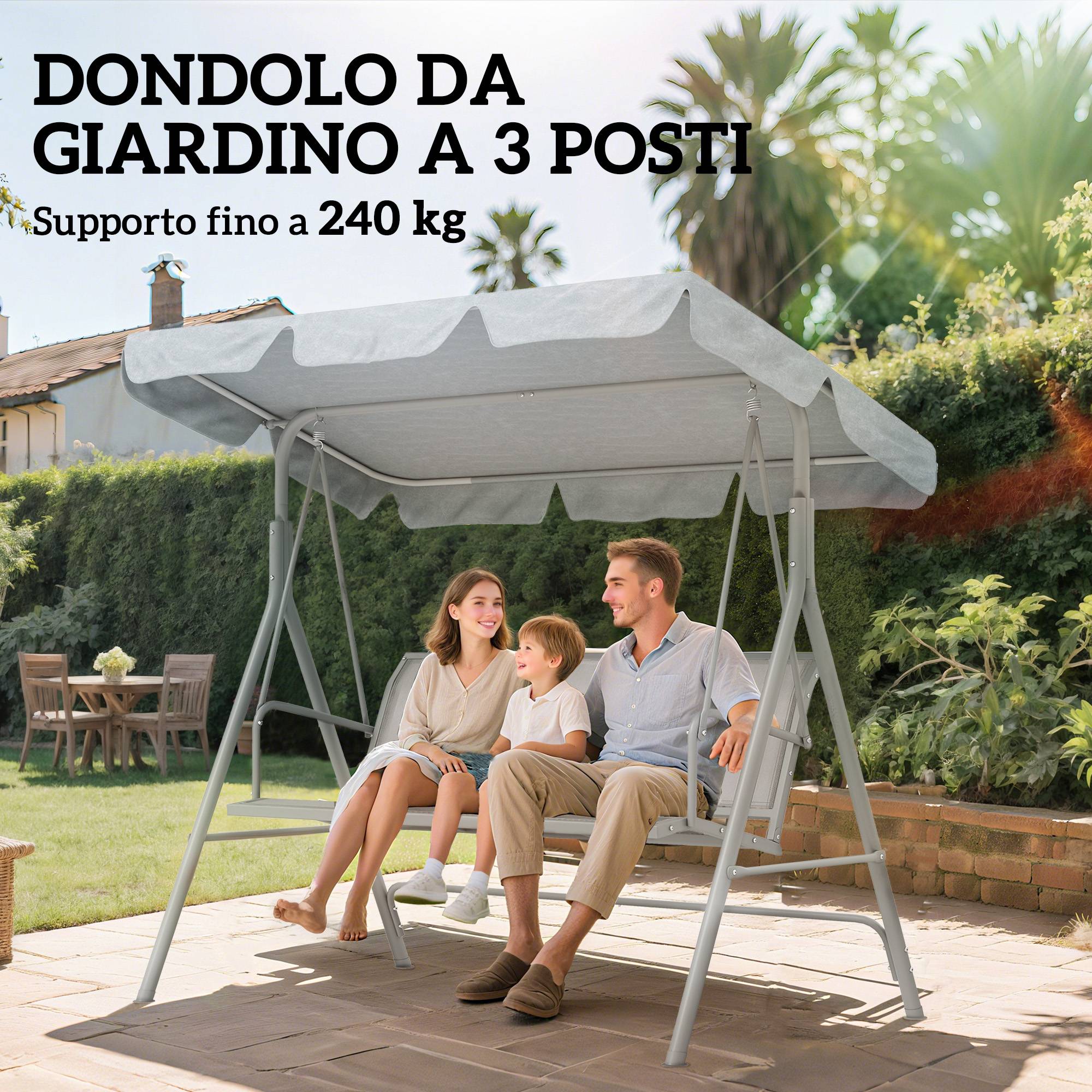 Balancelle 3 places métal polyester jardin toit pare-soleil amovible gris clair - ComfortXL Outdoor Living - Image 9