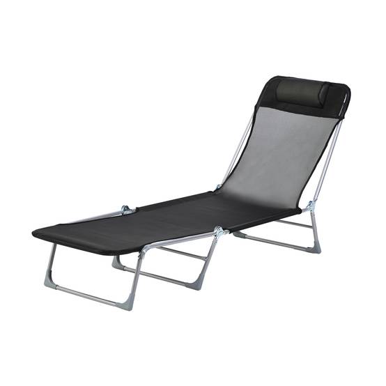 Sans Marque - Bain de soleil transat chaise longue inclinable pliable avec oreiller dossier réglable sur 5 niveaux noir - Image 2