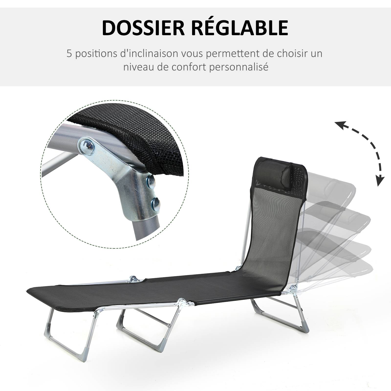 Sans Marque - Bain de soleil transat chaise longue inclinable pliable avec oreiller dossier réglable sur 5 niveaux noir - Image 6