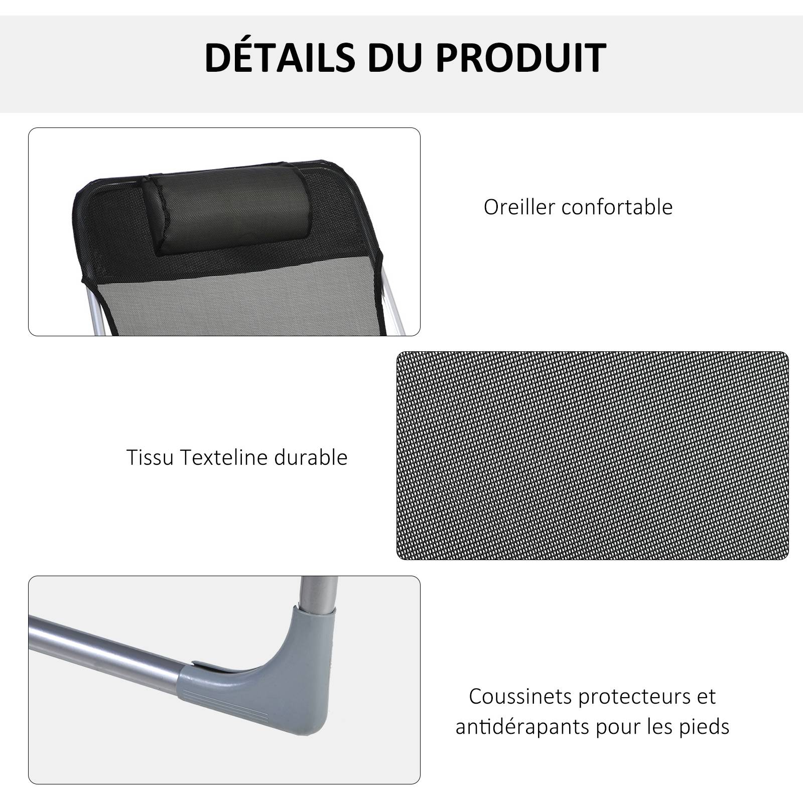 Sans Marque - Bain de soleil transat chaise longue inclinable pliable avec oreiller dossier réglable sur 5 niveaux noir - Image 7