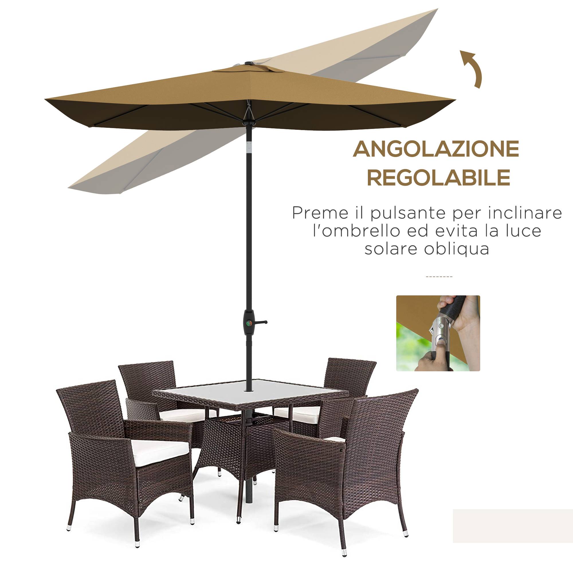 ComfortXL - Parasol rectangulaire aluminium extérieur pour terrasse inclinable avec manivelle café - ComfortXL Outdoor Living - Image 6