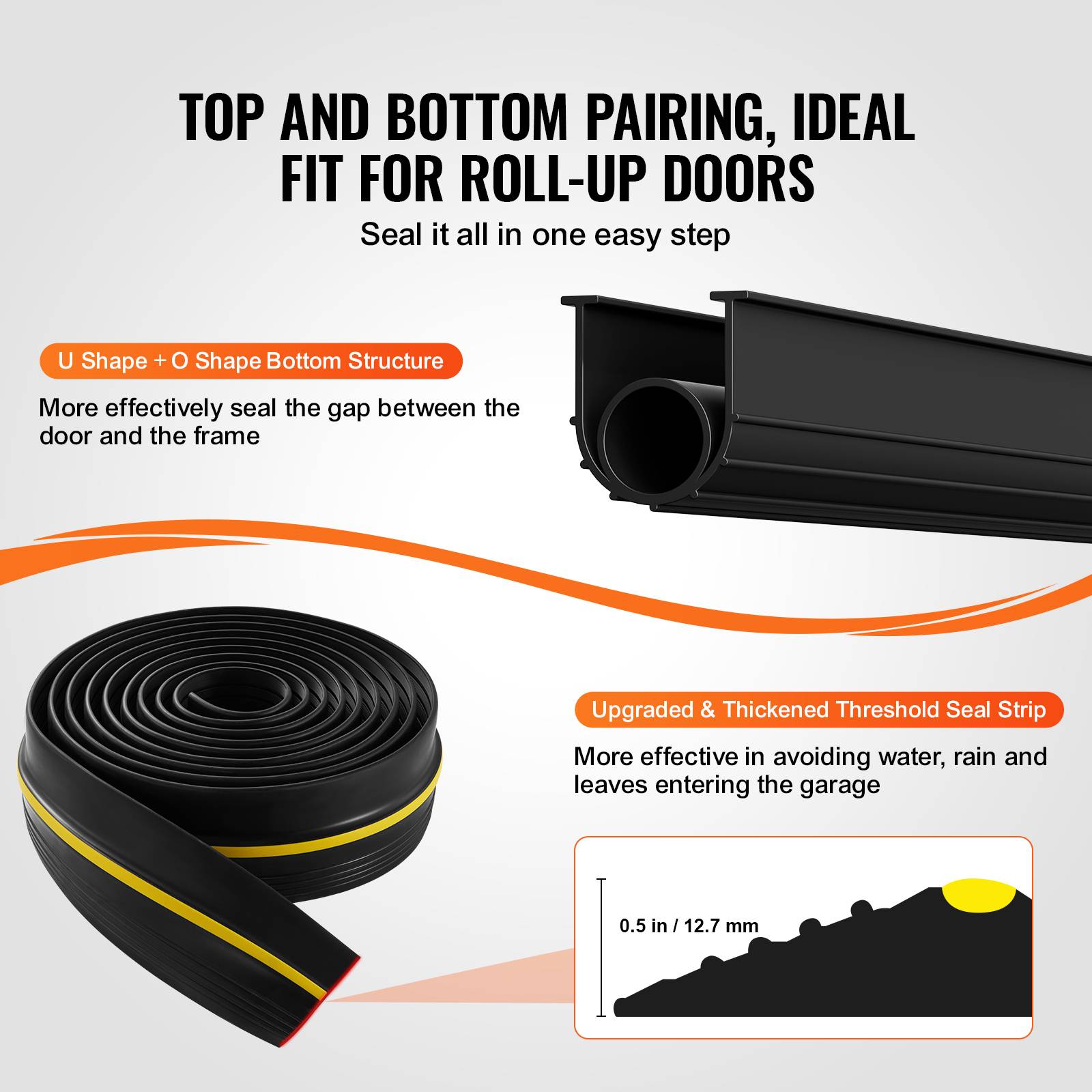 Vevor - VEVOR Joint porte garage 4.88m, seuil U+O, 2pcs, PVC, adhésif, noir. - Image 3