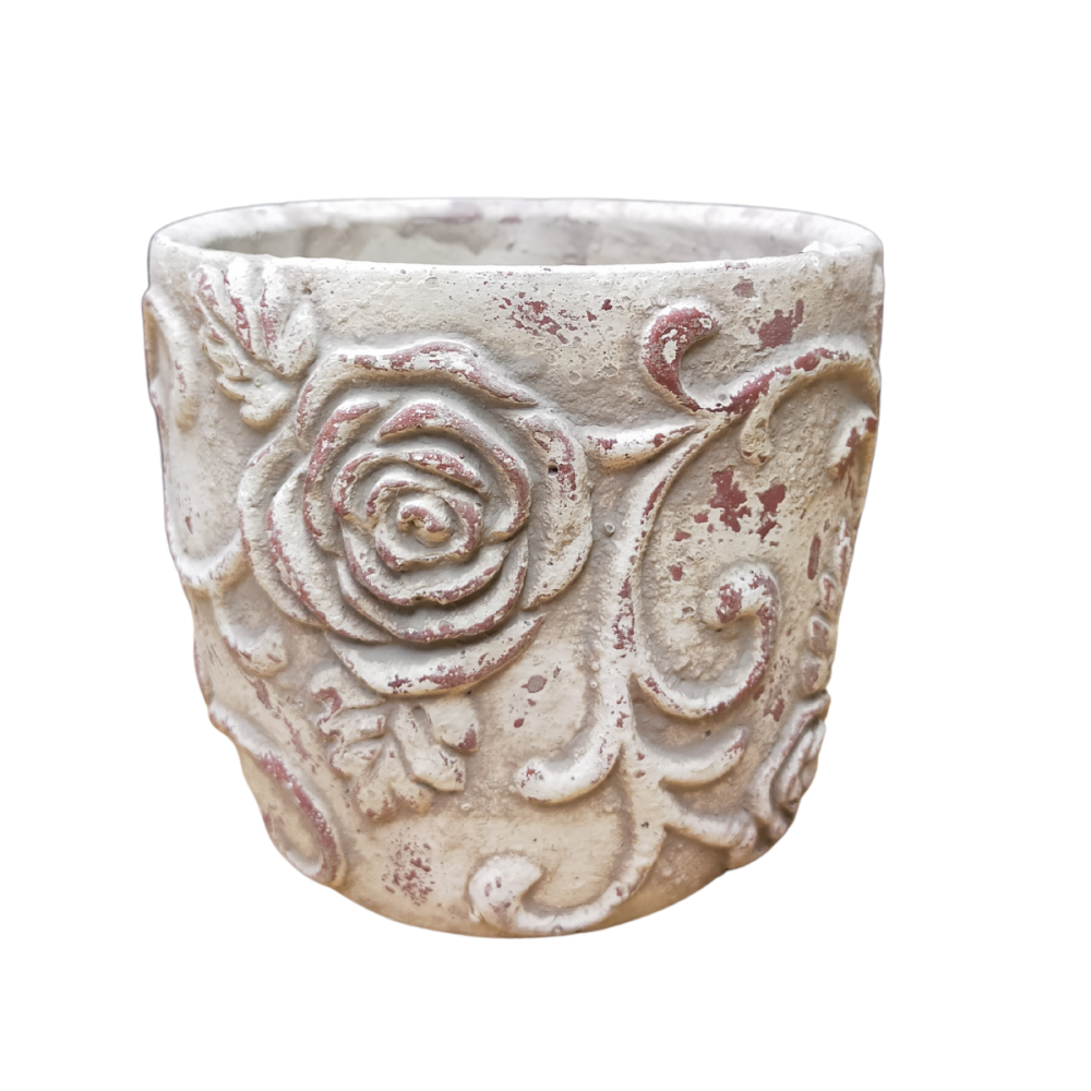 ~ Cache-pot en béton gris "Roses et arabesques" 17.5 x 16.5 cm Chemin de campagne