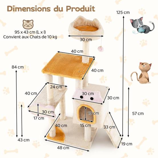 Arbre à Chat XXL 125 cm, Condo, Planche et Poteaux à Griffer en Sisal, 4 Plateformes, Arbre a Chat Design de Poisson, Rampe, Pompon, Tour pour Chaton - Image 4