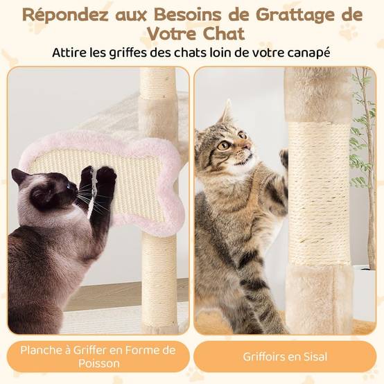 Arbre à Chat XXL 125 cm, Condo, Planche et Poteaux à Griffer en Sisal, 4 Plateformes, Arbre a Chat Design de Poisson, Rampe, Pompon, Tour pour Chaton - Image 5