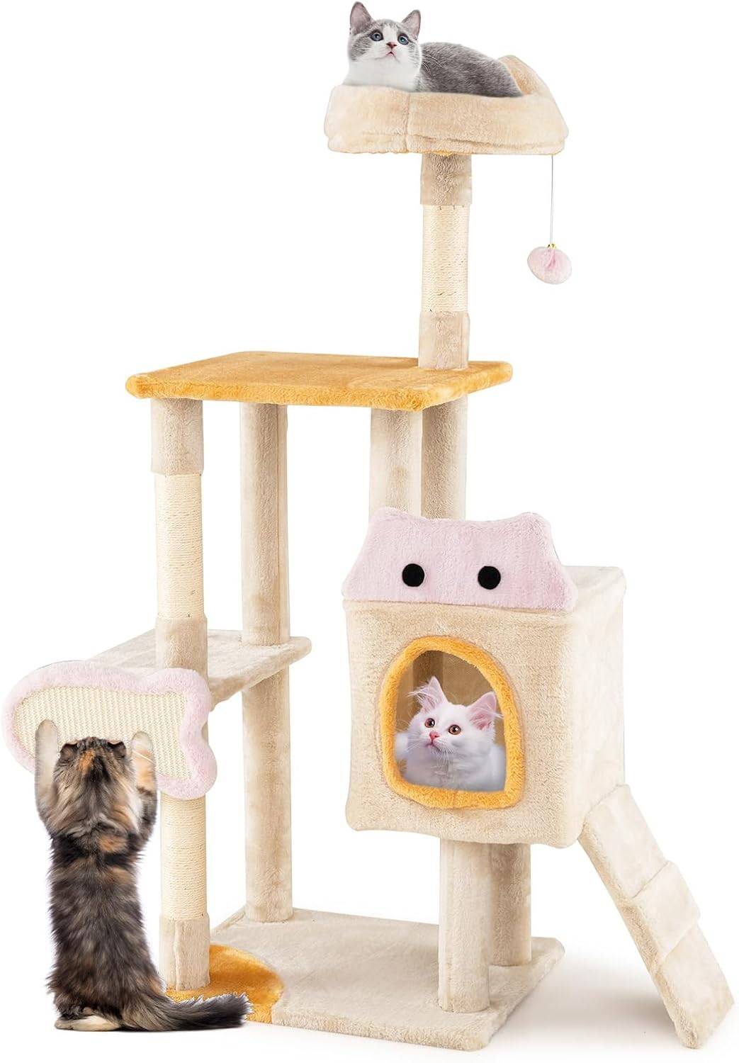 Arbre à Chat XXL 125 cm, Condo, Planche et Poteaux à Griffer en Sisal, 4 Plateformes, Arbre a Chat Design de Poisson, Rampe, Pompon, Tour pour Chaton - Image 1