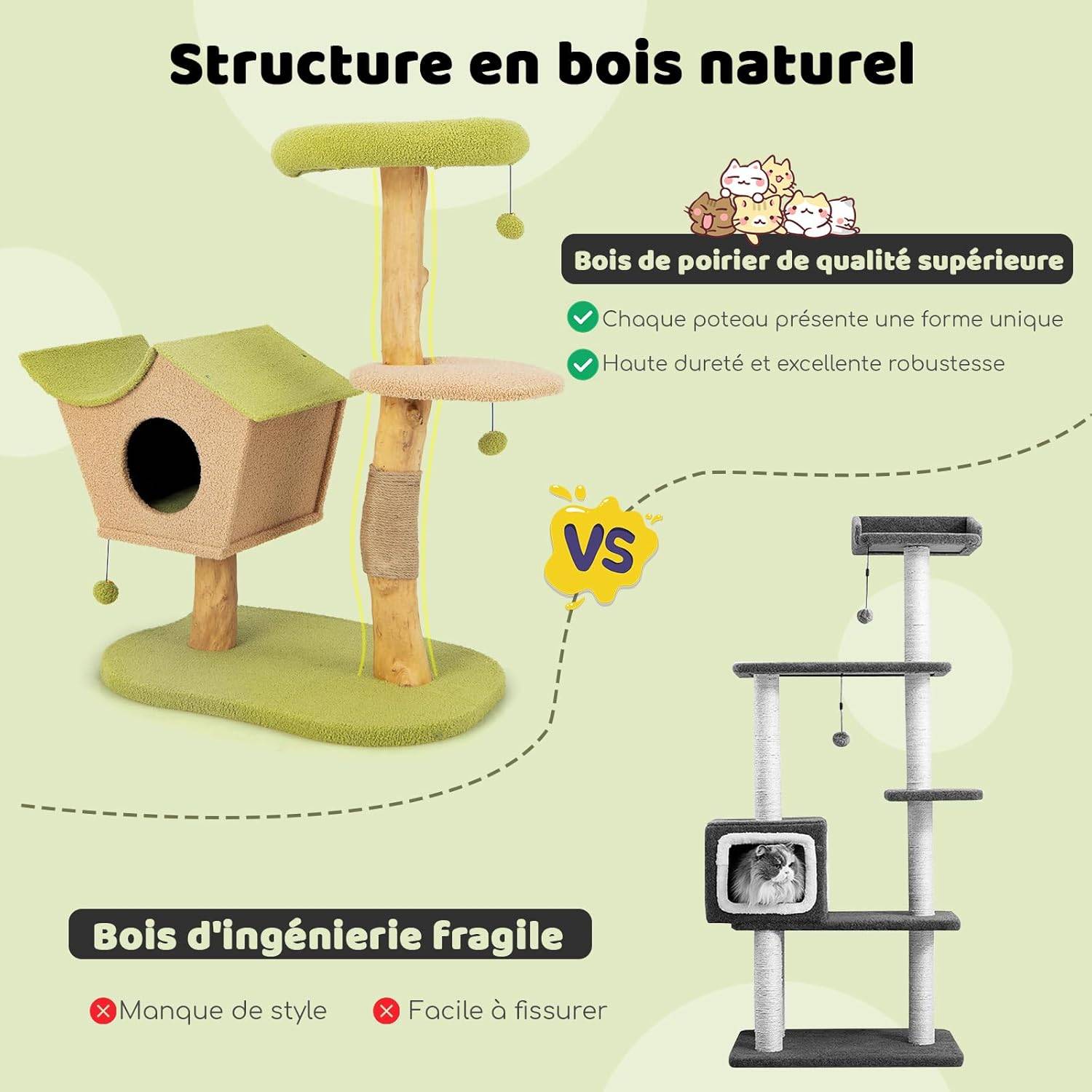 Arbre à Chat en Bois Massif de 110 CM, Centre d'Activité Multicouche, Charge 15 KG Chaque Couche - Image 6
