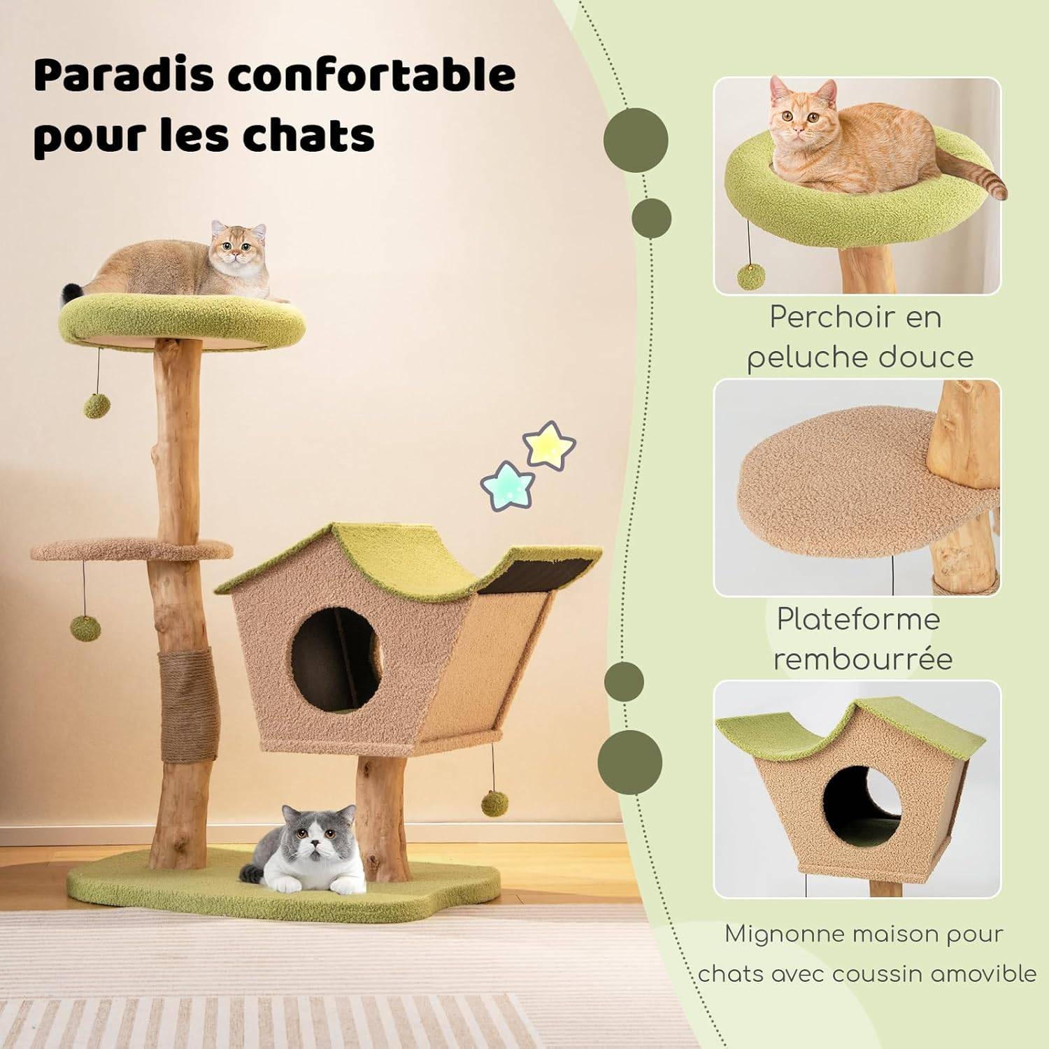 Arbre à Chat en Bois Massif de 110 CM, Centre d'Activité Multicouche, Charge 15 KG Chaque Couche - Image 5