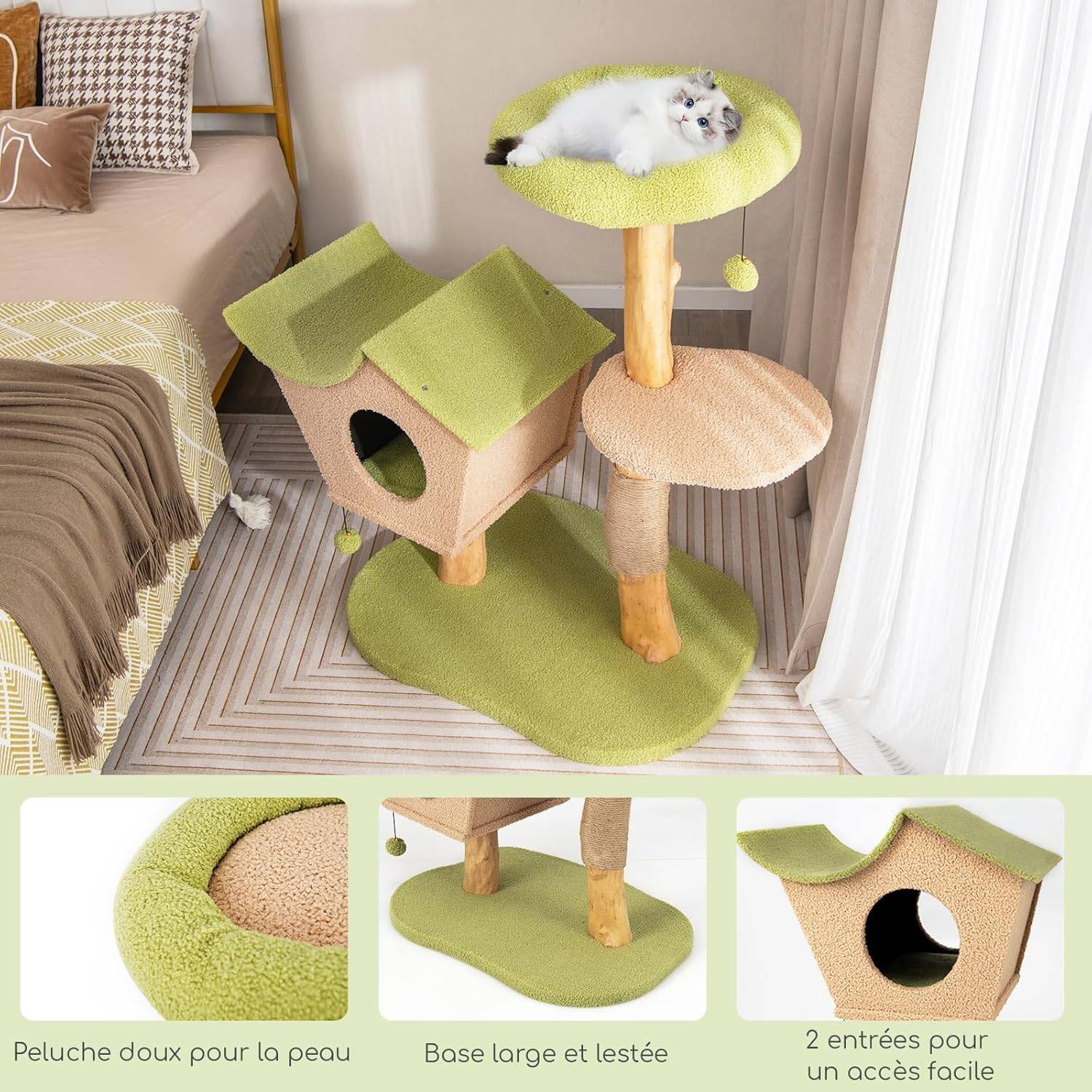 Arbre à Chat en Bois Massif de 110 CM, Centre d'Activité Multicouche, Charge 15 KG Chaque Couche - Image 7