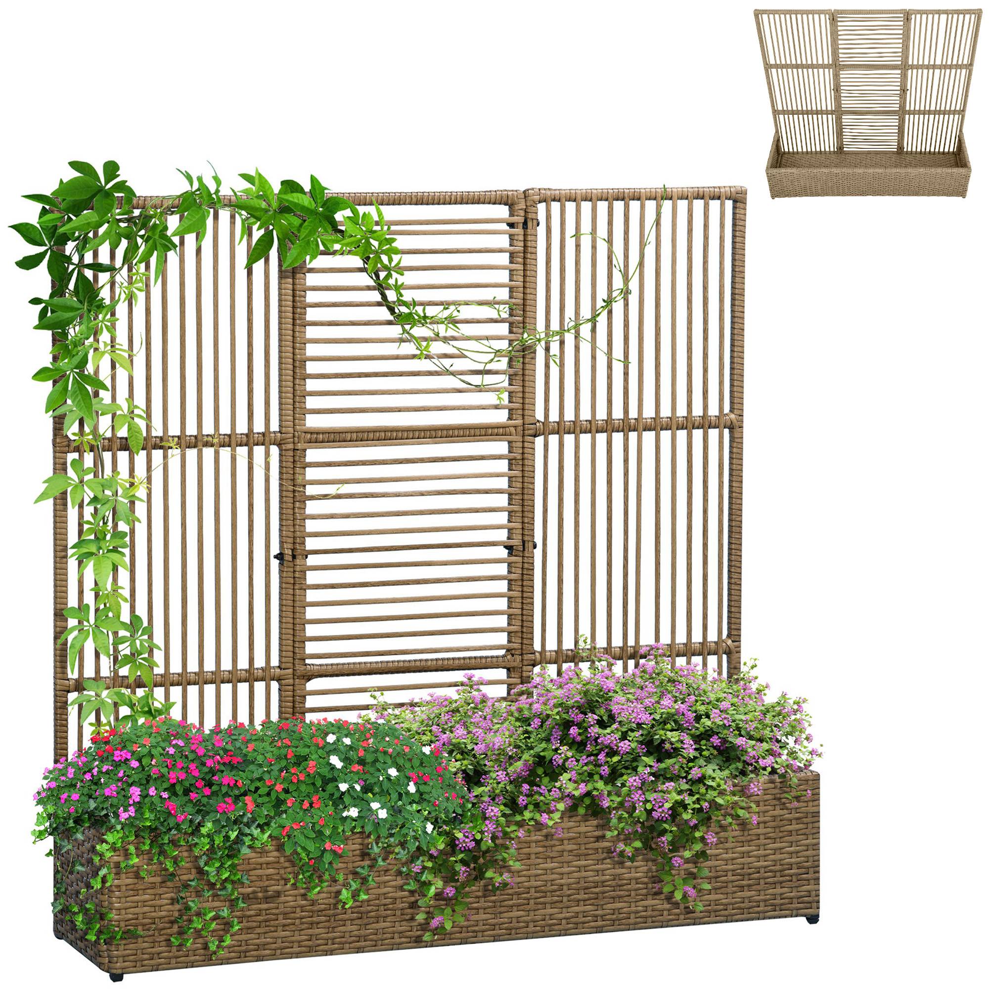 Jardinière avec treillis, résistante, polyrotin, 103x29x103 cm, couleur sable