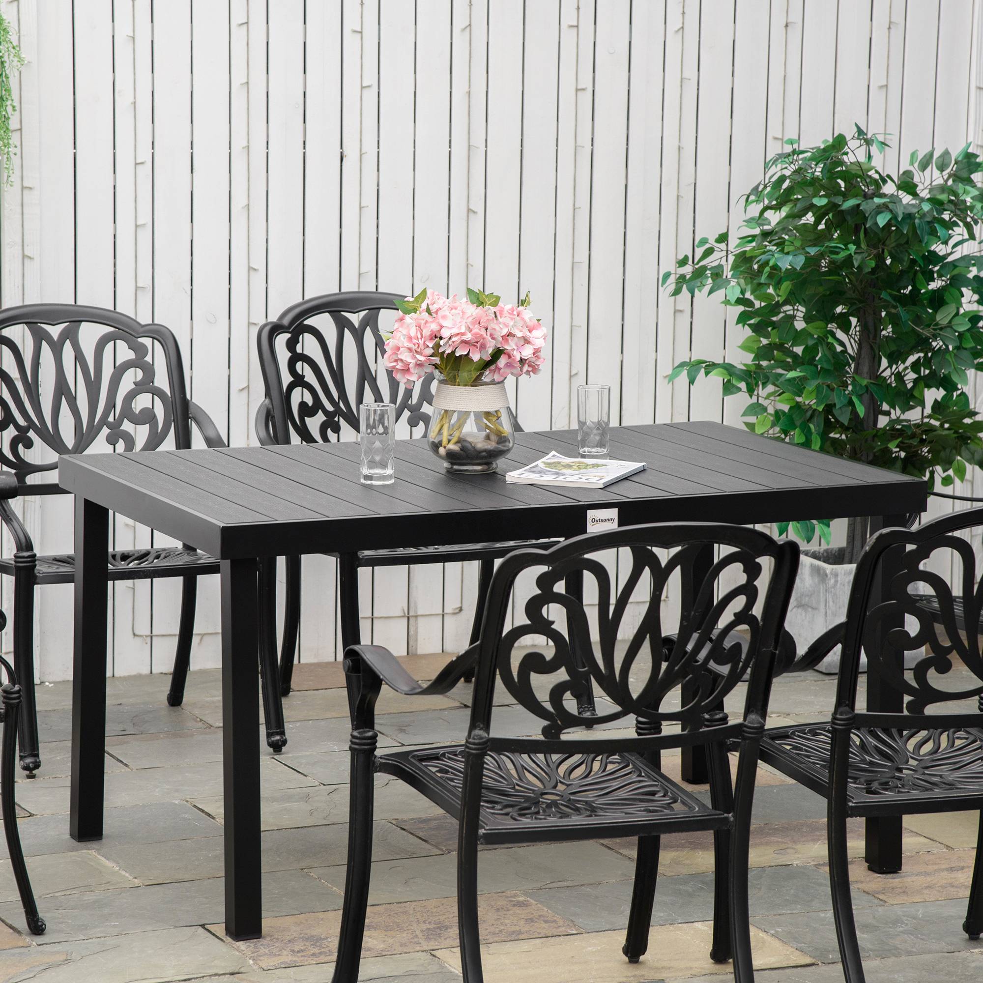 Table à manger jardin aluminium 6 personnes plateau lattes aspect bois 140x90x74cm noir - ComfortXL Outdoor Living - Image 3