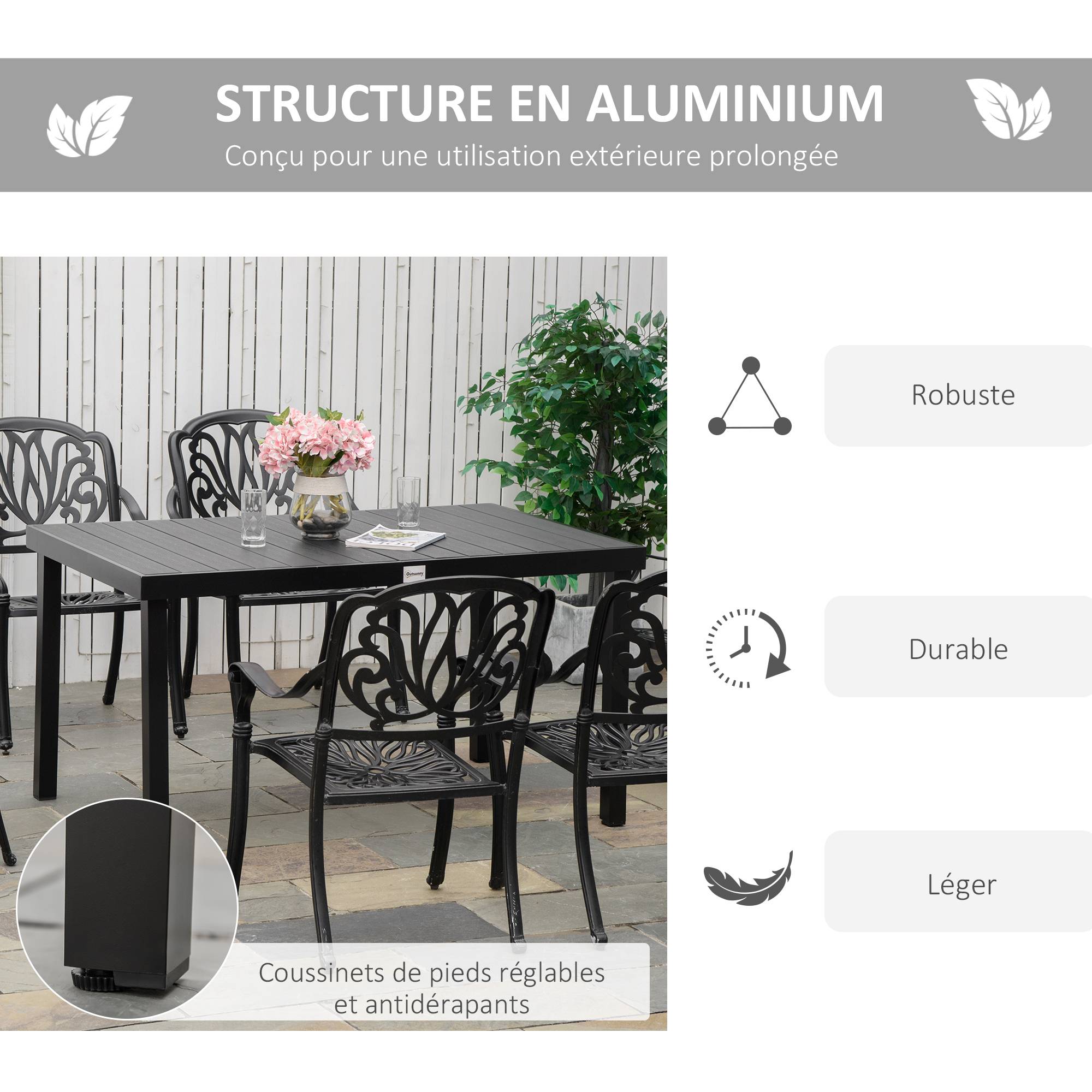 Table à manger jardin aluminium 6 personnes plateau lattes aspect bois 140x90x74cm noir - ComfortXL Outdoor Living - Image 7