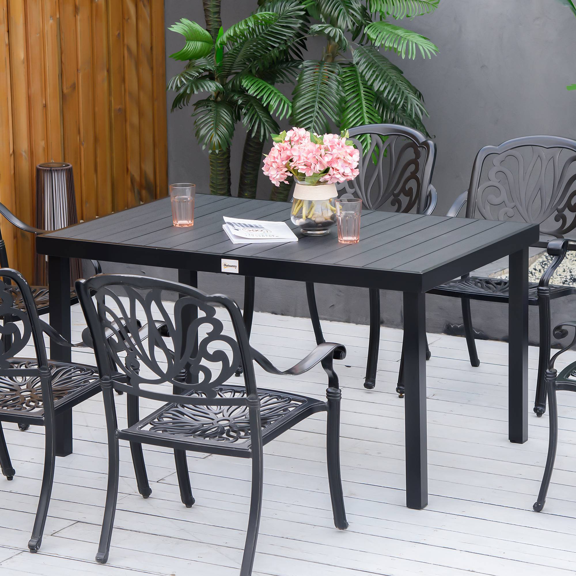 Table à manger jardin aluminium 6 personnes plateau lattes aspect bois 140x90x74cm noir - ComfortXL Outdoor Living - Image 4