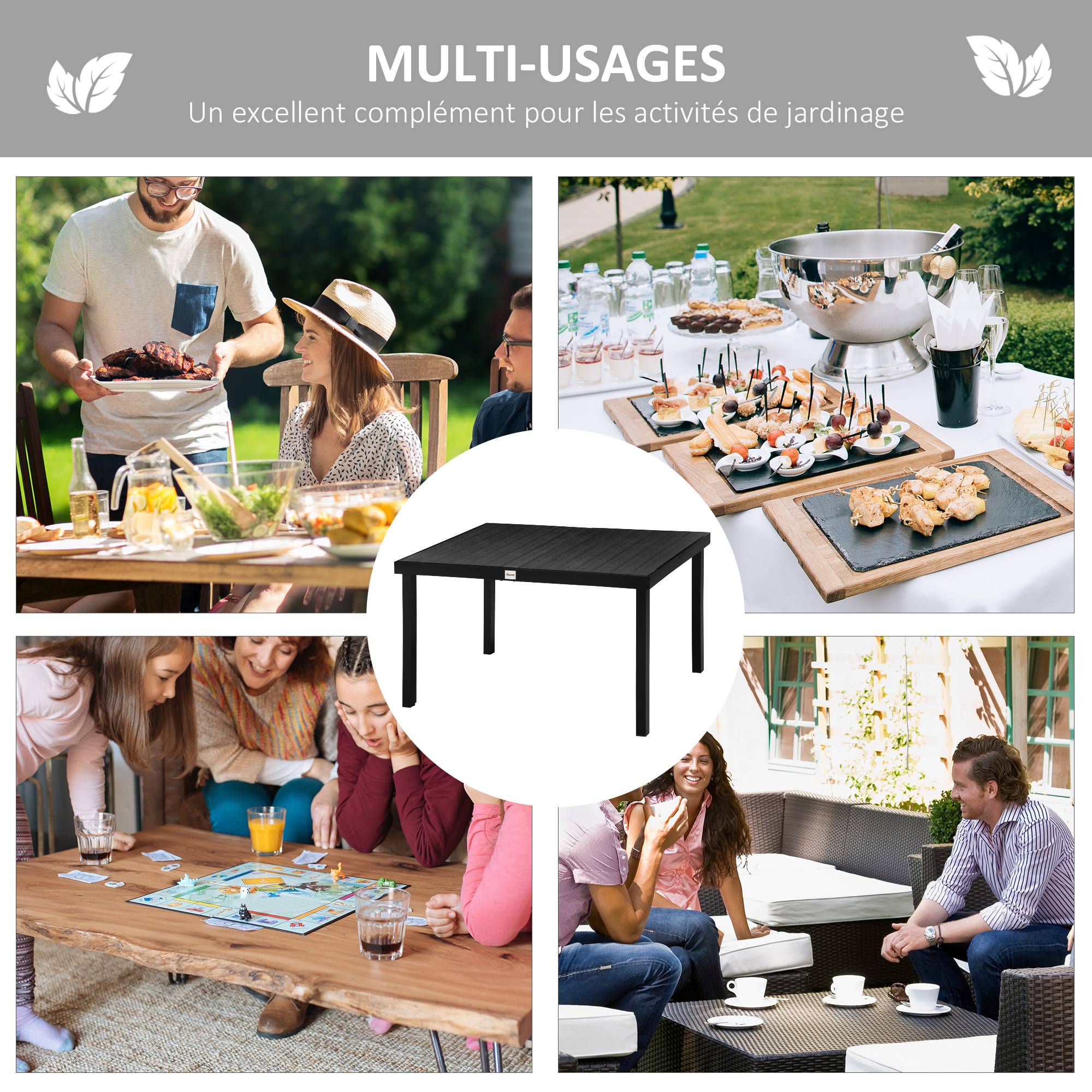 Table à manger jardin aluminium 6 personnes plateau lattes aspect bois 140x90x74cm noir - ComfortXL Outdoor Living - Image 8