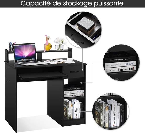 bureau d'ordinateur, bureau d'ecriture avec tiroir de rangement et 2 etagères - Image 3