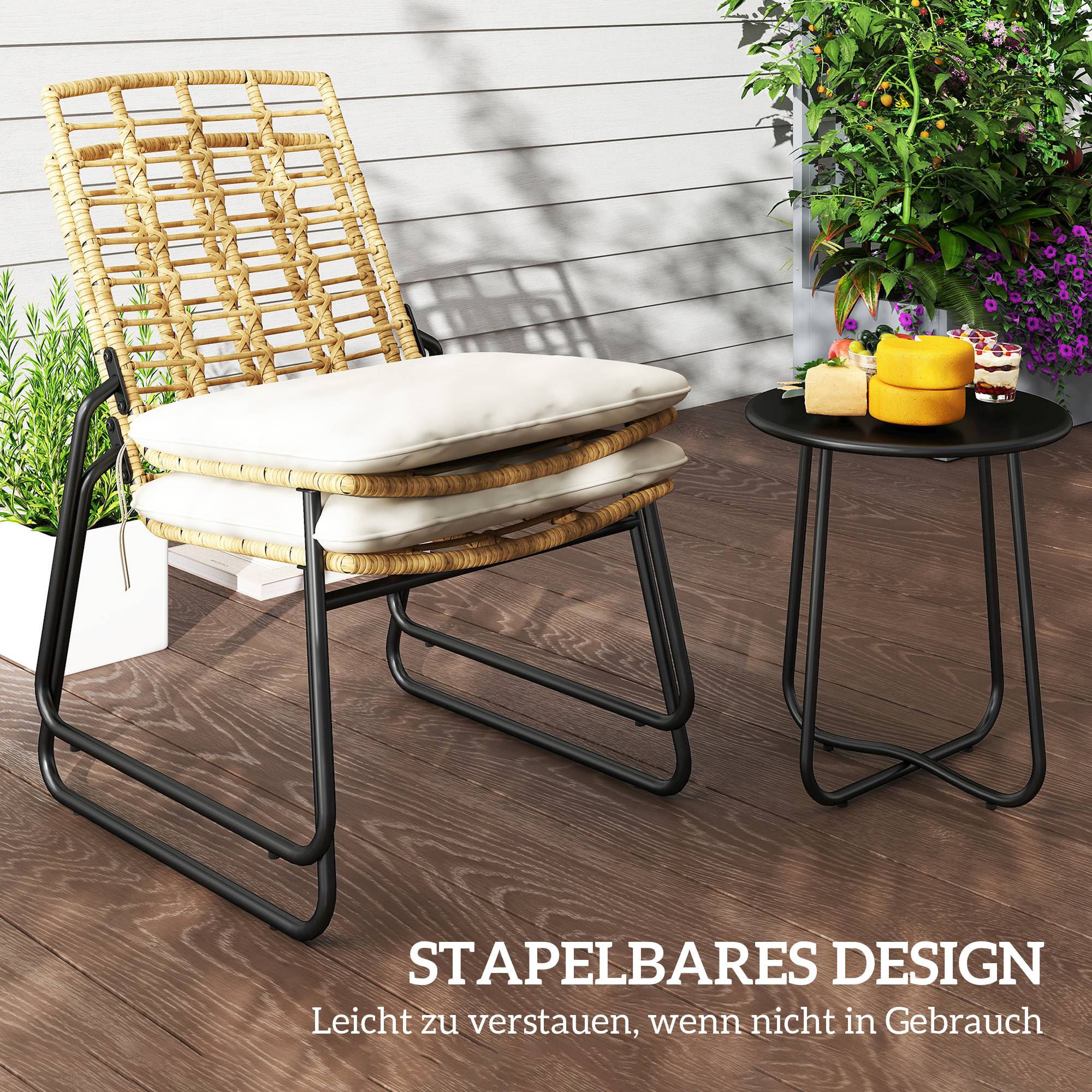 Ensemble bistro de jardin 3 pièces : 2 fauteuils rotin + table métal, coussins, beige & marron - Image 6