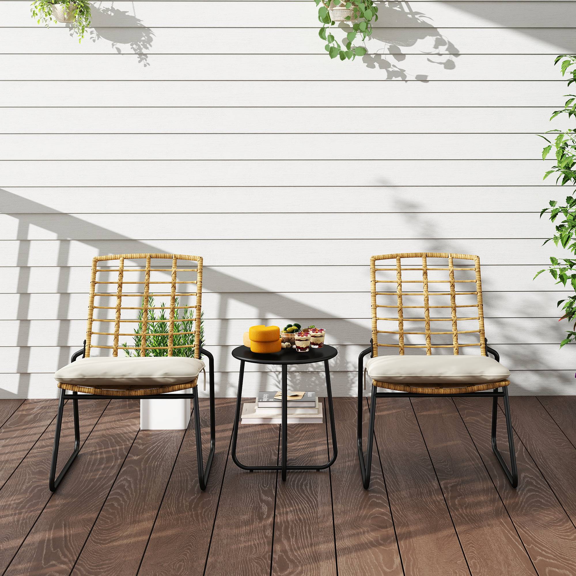Ensemble bistro de jardin 3 pièces : 2 fauteuils rotin + table métal, coussins, beige & marron - Image 9