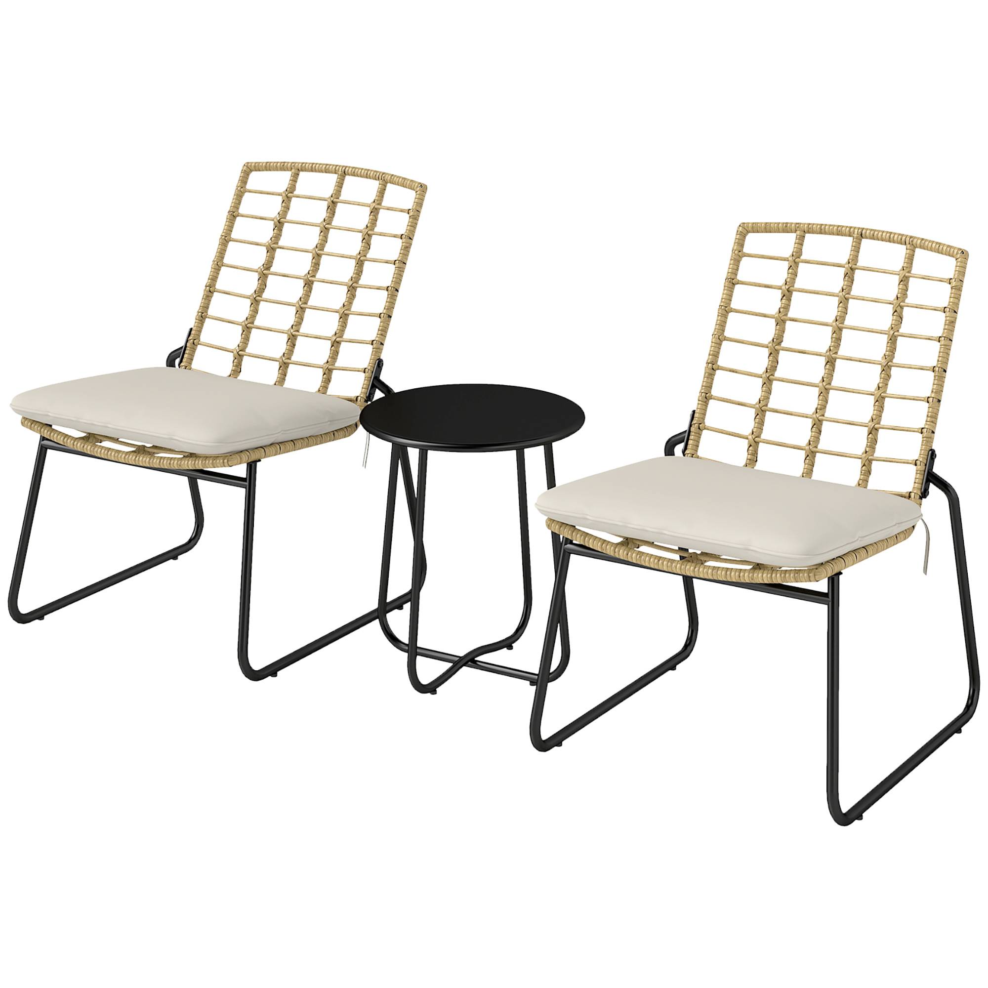 Ensemble bistro de jardin 3 pièces : 2 fauteuils rotin + table métal, coussins, beige & marron - Image 1