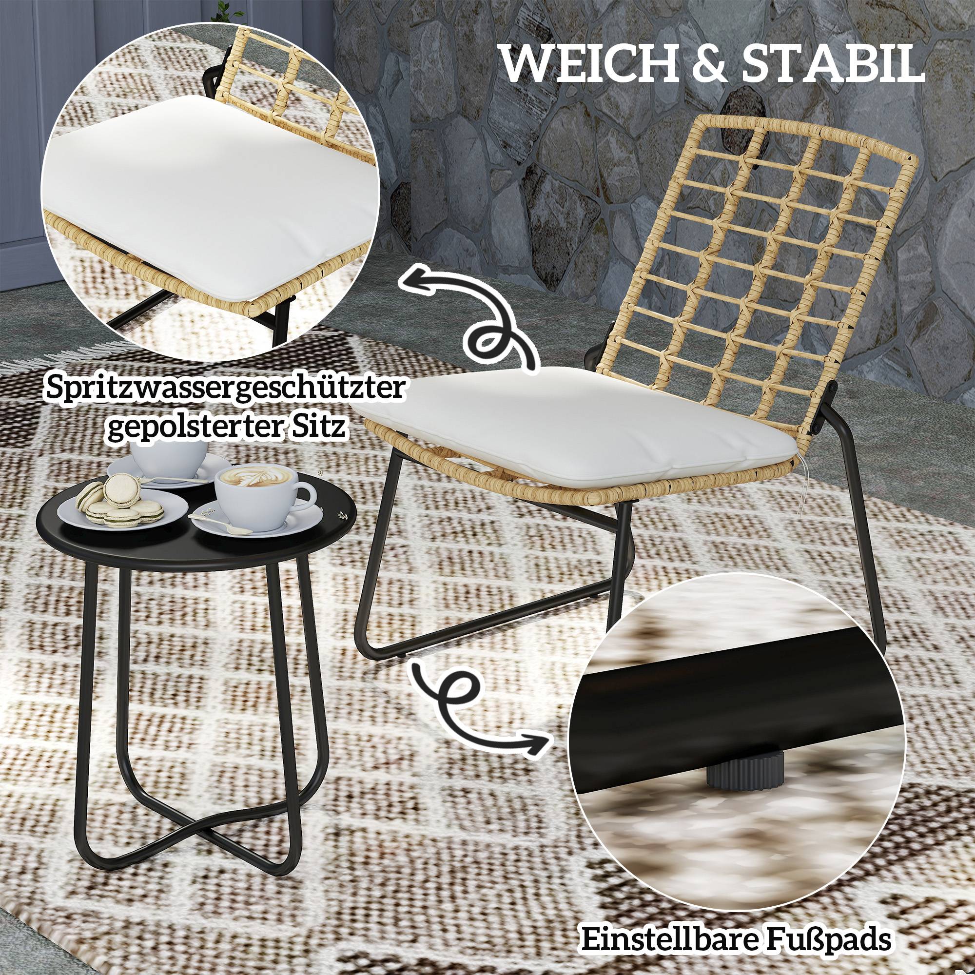 Ensemble bistro de jardin 3 pièces : 2 fauteuils rotin + table métal, coussins, beige & marron - Image 7