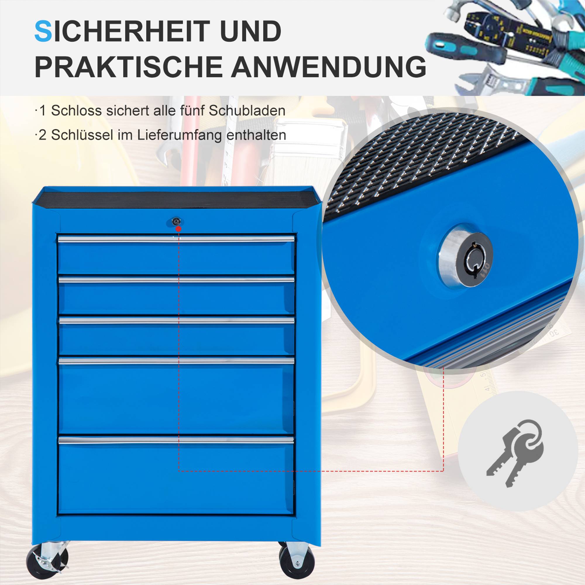 Sans Marque - Armoire outils, caisse, 5 tiroirs, roulant, acier, bleu - Image 6